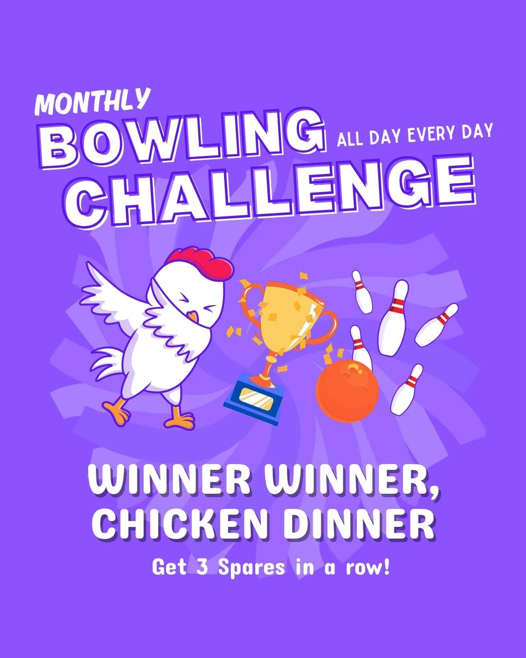 Make the first win of 2026 count with this month's bowling challenge! 🎳 Get 3 spares in a row and claim the Winner Winner, Chicken Dinner title...no forks required🍗😂

Click the link in our bio for more details and get ready for next month's challe