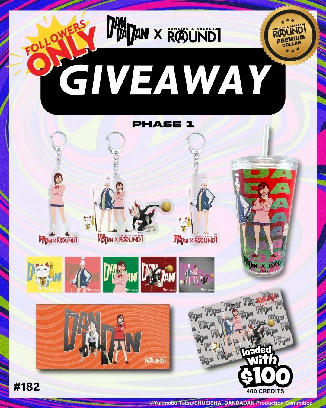 Feeling lucky? 👀Test your luck and enter our giveaway for a chance to win the ultimate DAN DA DAN x Round1 collection! One (1) lucky fan will win a full lineup of prizes!

- One (1) $100 DAN DA DAN Club Card (400 credits)
- One (1) Momo Keychain
- O