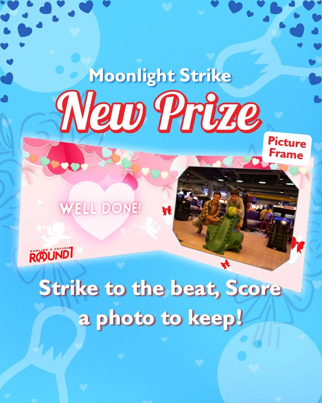 Love is in the air and so are the strikes! 💘 Every hour, bowl to the beat and score a strike to win a free photoframe to show off your lovely victory during Moonlight Strike! 🎳🌙
 
The lanes (and love) are calling! 💗 Click the link in our bio for 