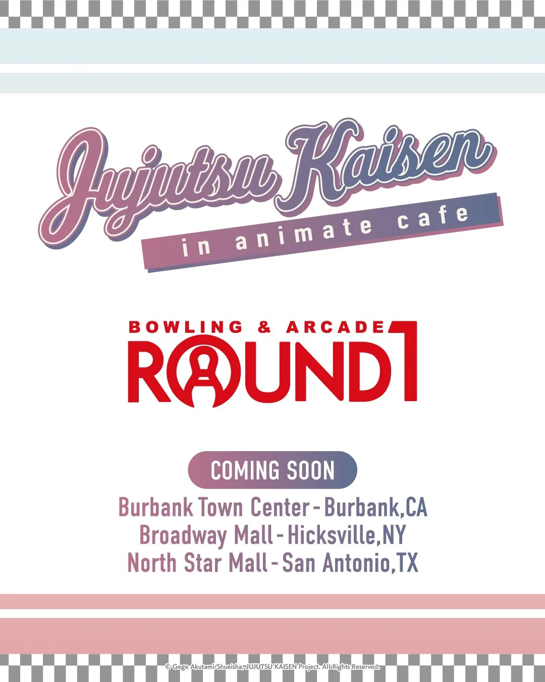 Sorcerers, domain expansion is incoming!💥

Experience Jujutsu Kaisen in Animate Caf&eacute; at Round1! ⚡ Our first ever collaboration caf&eacute; is coming soon to 3 select Round1 USA locations:

Burbank Town Center - Burbank, CA
Broadway Mall - Hic