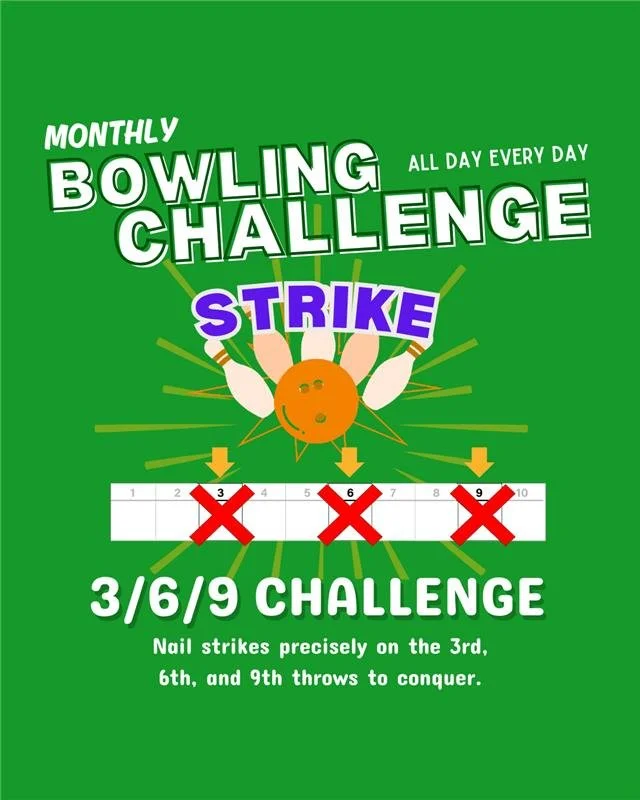 You have three chances to prove you're not just rolling but ruling! 👑 Score a strike on the 3rd, 6th, and 9th throws to conquer this month's 3/6/9 bowling challenge! Step up to the challenge one strike at a time! 🎳

Click the link in our bio to joi