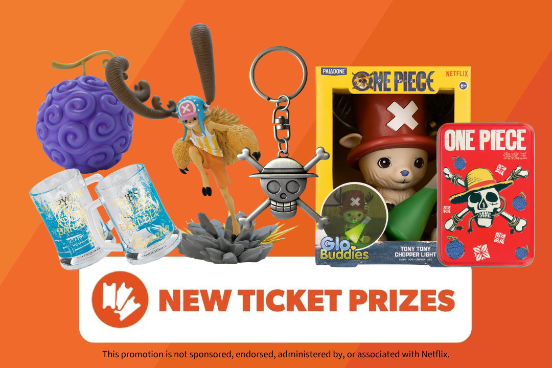 Image of new ONE PIECE ticket prizes including a chopper figure, card tin, etc. on an orange background