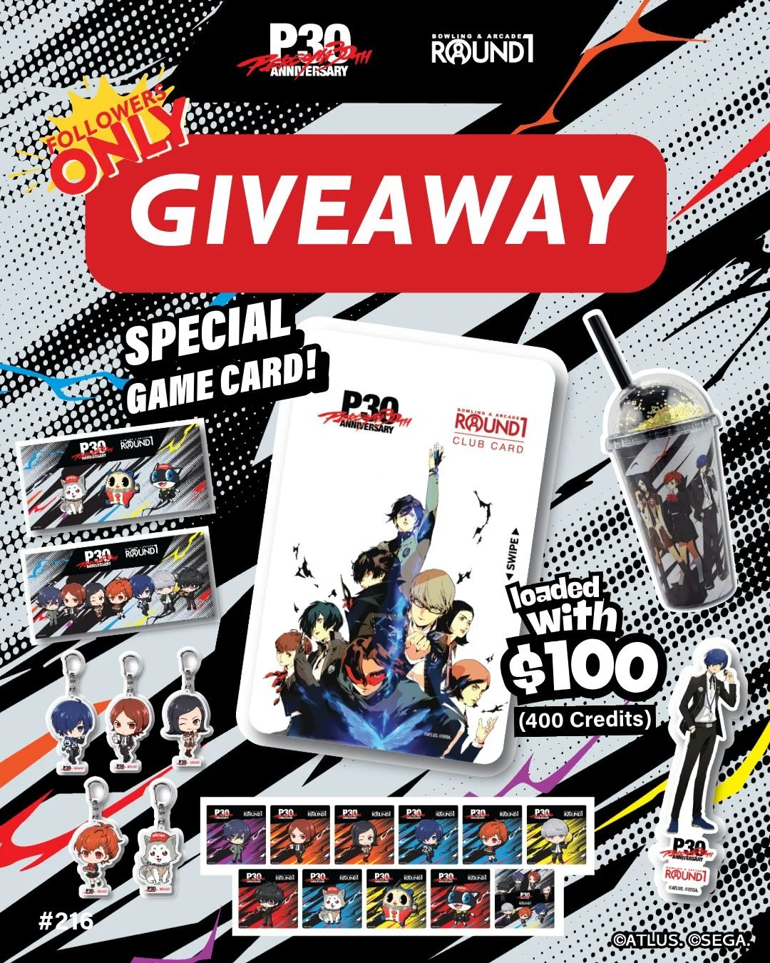 Answer the call...to win! ✨

Enter our Persona 30th Anniversary giveaway for your chance to win exclusive collaboration items!
One (1) lucky winner will take him this incredible prize bundle, so don't wait!

- One (1) Persona $100 Club Card (400 cred