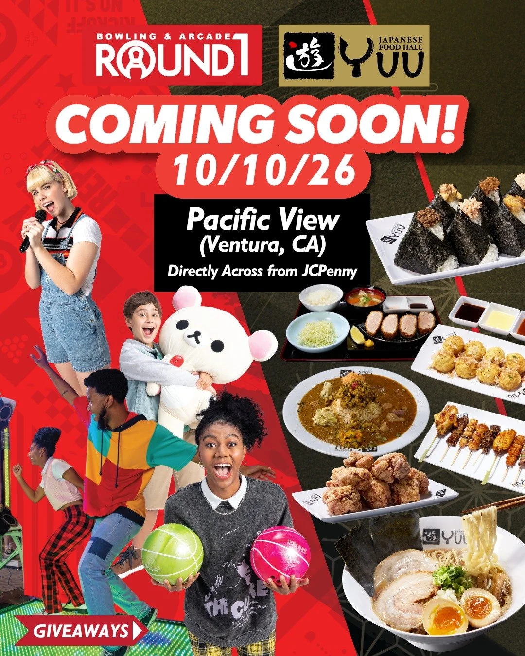 Round1 is rolling into Pacific View Mall on 10/10, and we're kicking off the celebration with TWO DAYS OF GIVEAWAYS! Come for the fun and discover the first ever YUU Japanese Food Hall featuring 14 award-winning restaurants!

Join us for the ribbon c