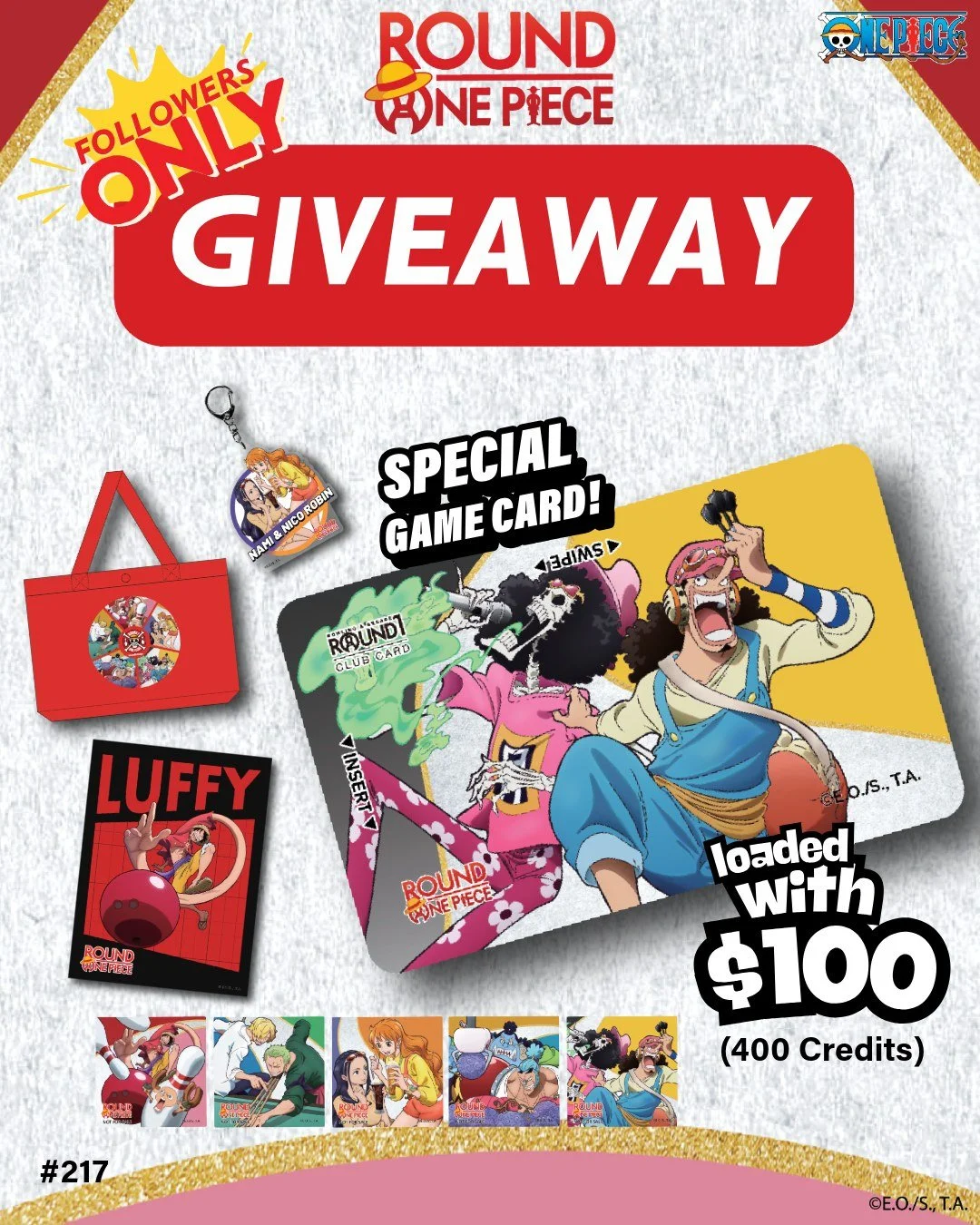 The Grand Line isn't the only one hiding treasure...🌊
We're giving away exclusive Round1 x ONE PIECE items to one (1) lucky winner! What are you waiting for? Enter now!

- One (1) $100 Usopp &amp; Brook DAKA (400 credits)
- One (1) Nami &amp; Robin 