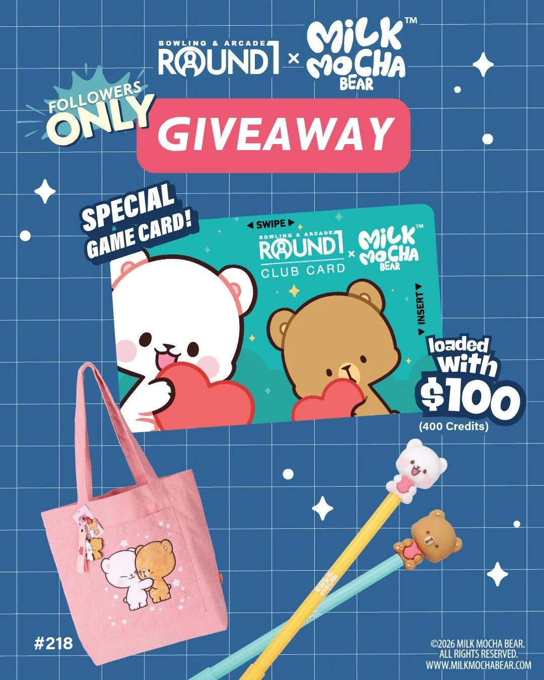 This giveaway is too cute not to enter 😍 Your chance to win exclusive Round1 x Milk Mocha Bear prizes is now!

Enter and one (1) lucky winner will take home the full bundle of cuteness ✨💞

- One (1) Milk Mocha Bear $100 Club Card (400 credits)
- On