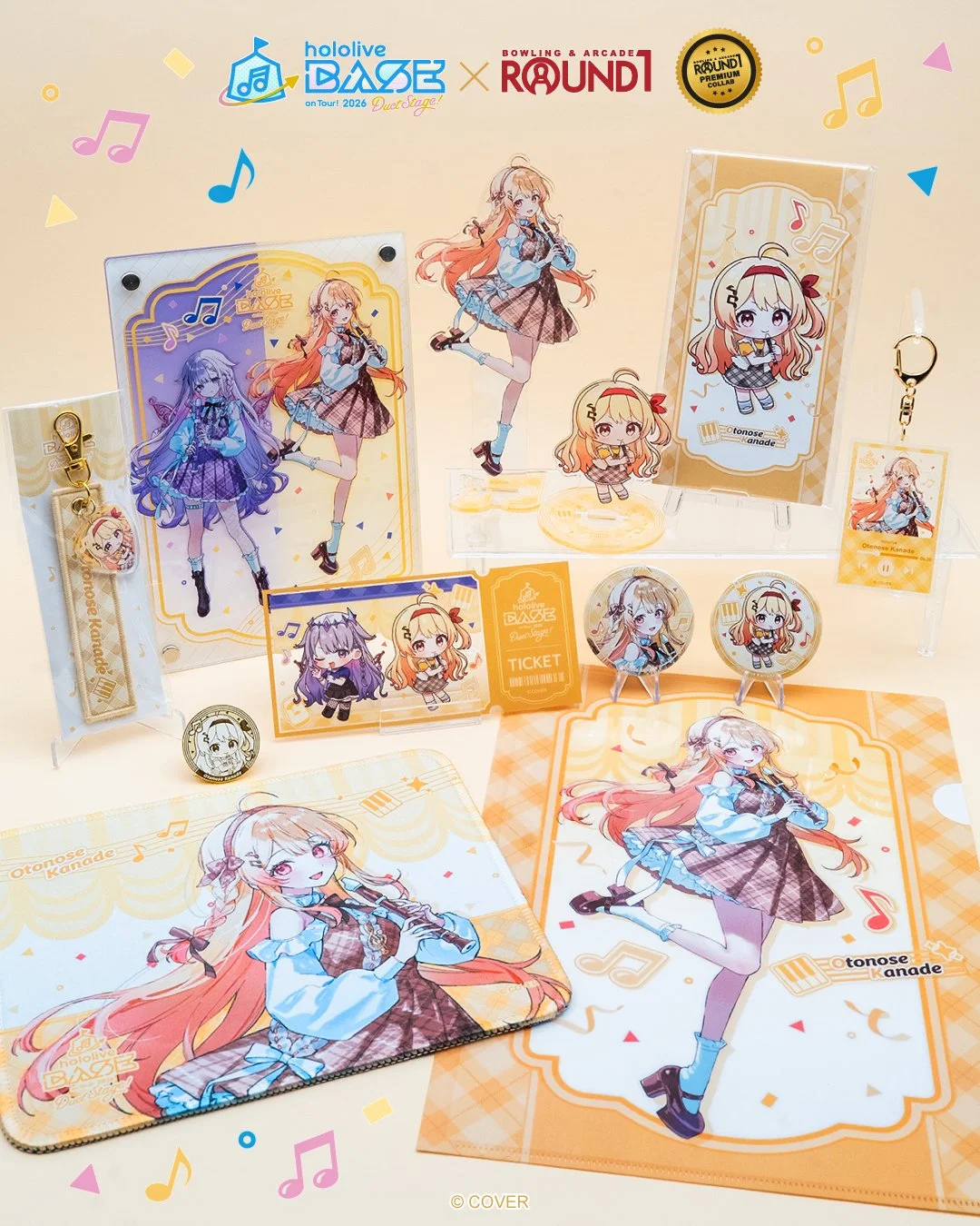🎹✨Today's holoBASE member: Otonose Kanade

The Otonose Kanade lineup is at all Round1 USA locations now &mdash; acrylic stands, keychains, can badges, a pin badge, a mousepad, a clear file folder and more, all featuring specially drawn holoBASE illu