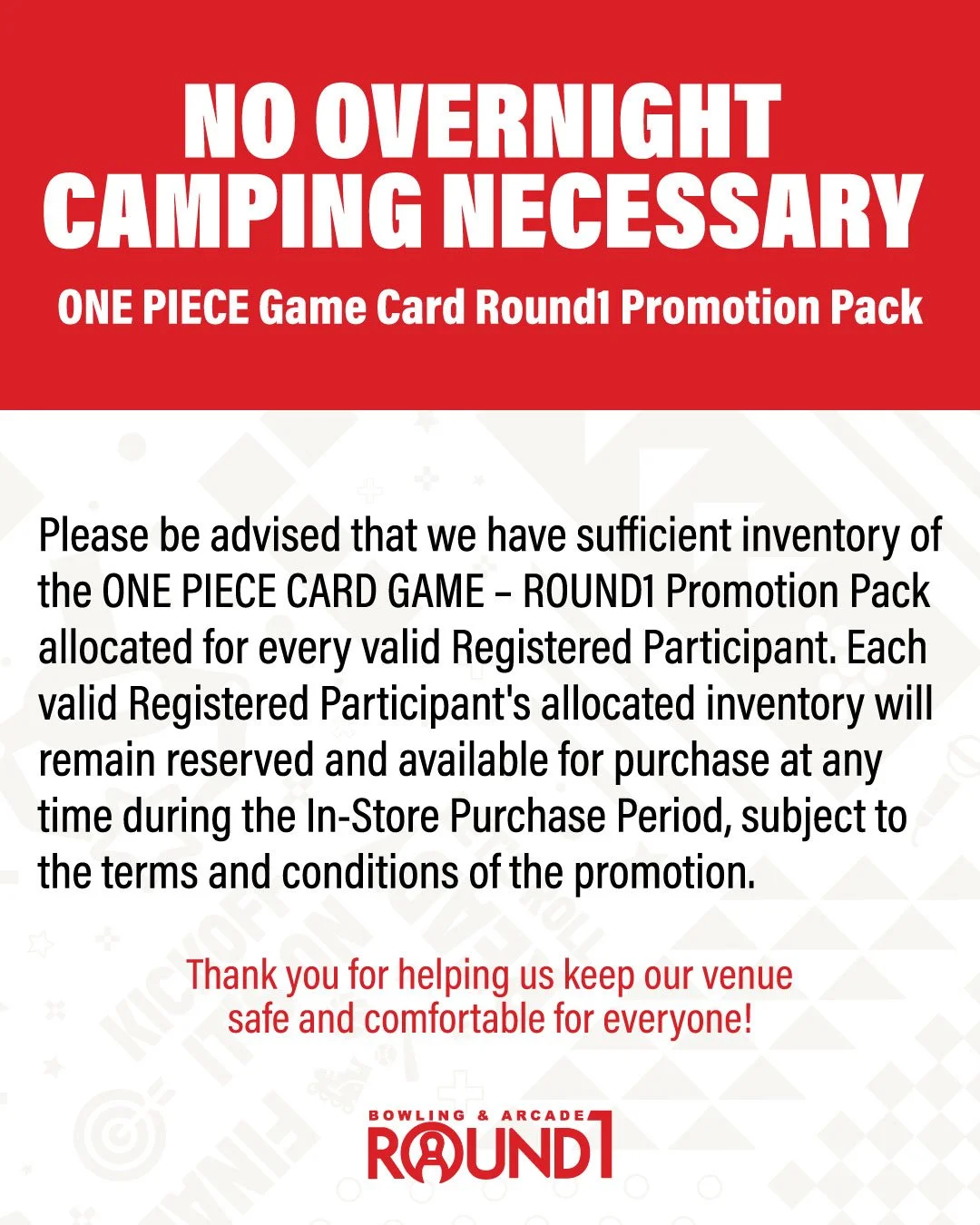 🌊 Phase 6 purchase period begins tomorrow! (10/21)

Reminder for all registered guests: For the safety and comfort of everyone, there is no need to camp out to purchase your ONE PIECE Card Game Round1 Promotion Packs. If you have successfully regist