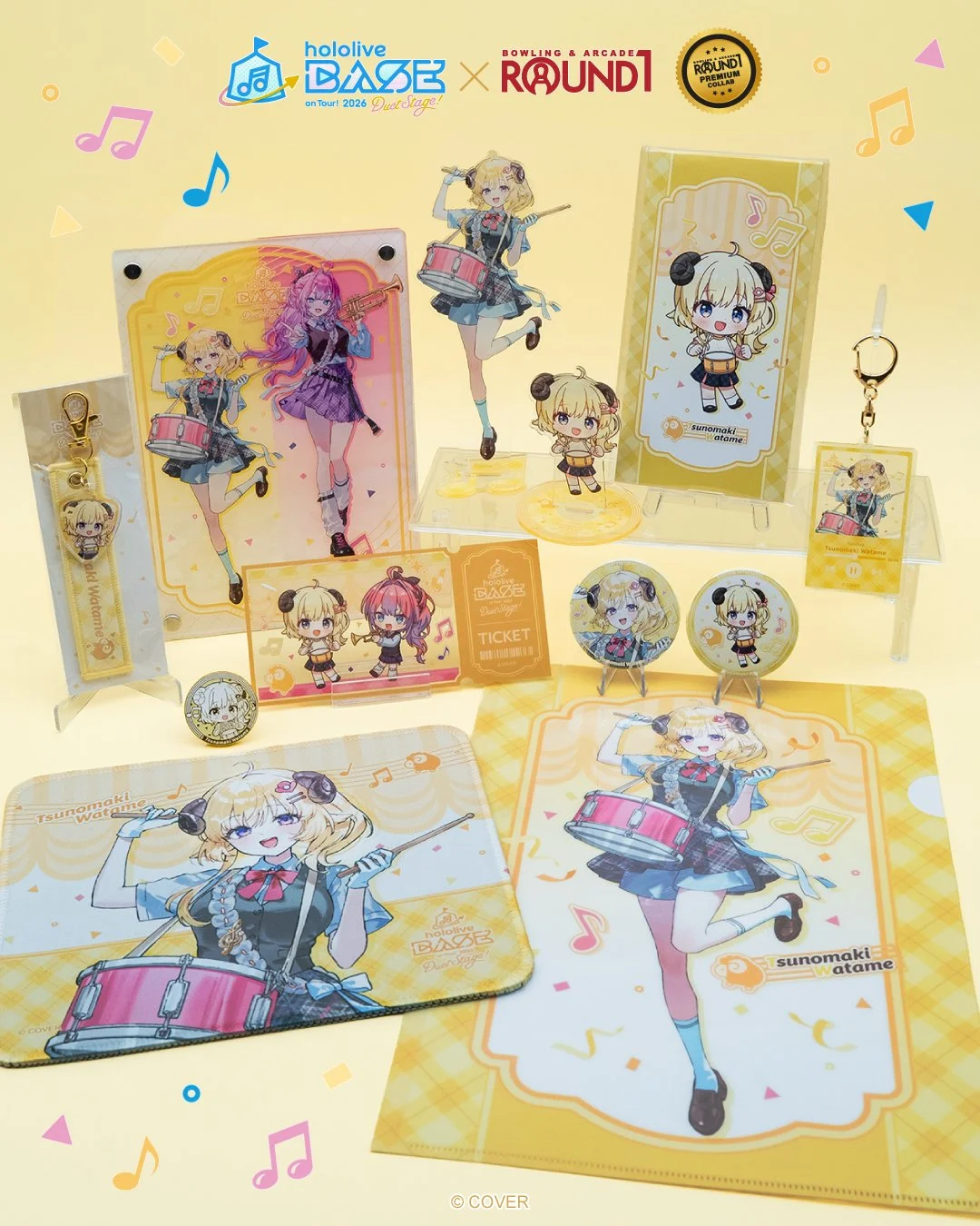 🐏Today's holoBASE member: Tsunomaki Watame

The Tsunomaki Watame lineup is at all Round1 USA locations now &mdash; acrylic stands, keychains, can badges, a pin badge, a mousepad, a clear file folder and more, all featuring specially drawn holoBASE i