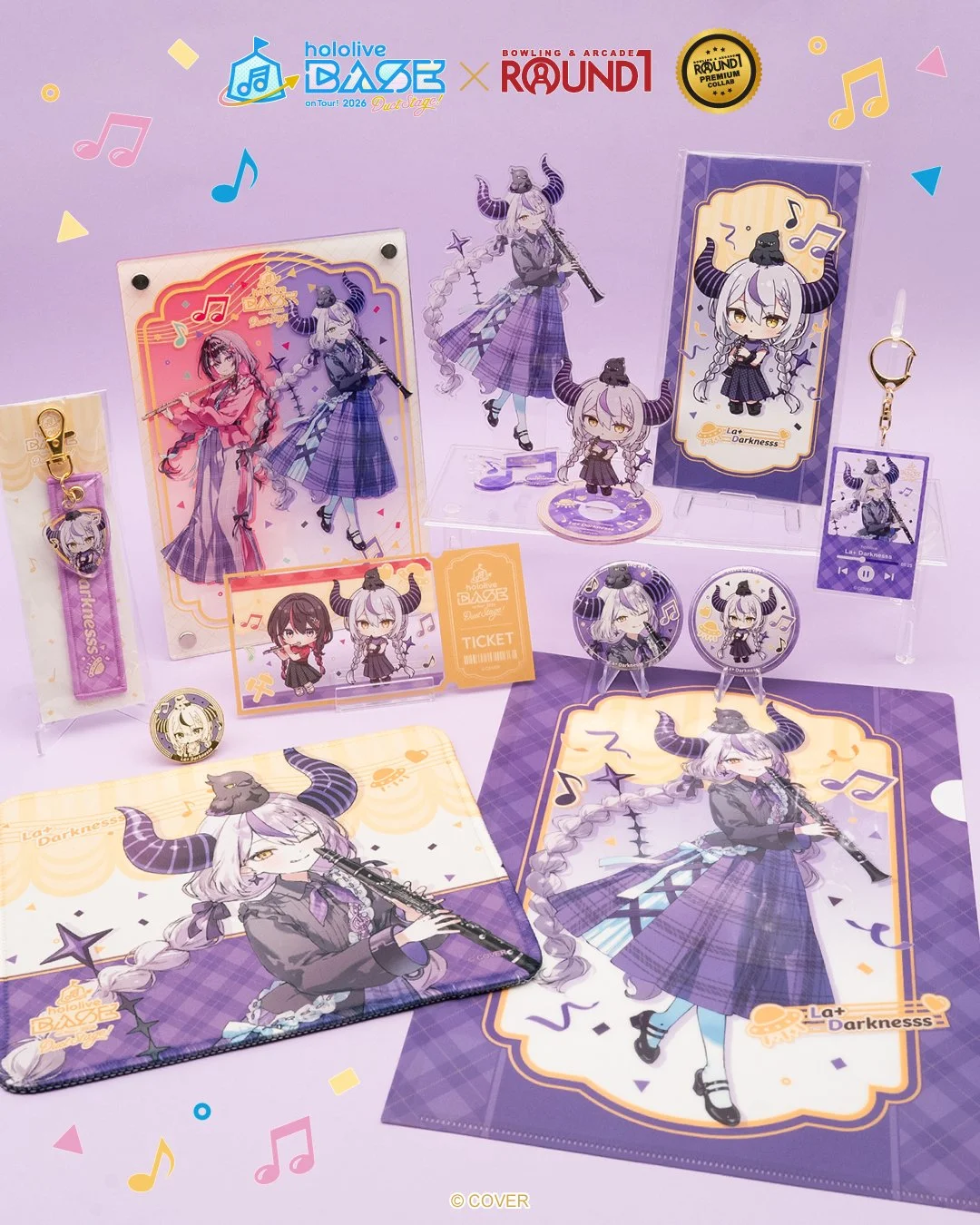 🛸💜Today's holoBASE member: La+ Darknesss

And that's all 14 members! Every lineup is at all Round1 USA locations now &mdash; acrylic stands, keychains, can badges, a pin badge, a mousepad, a clear file folder and more, all featuring specially drawn