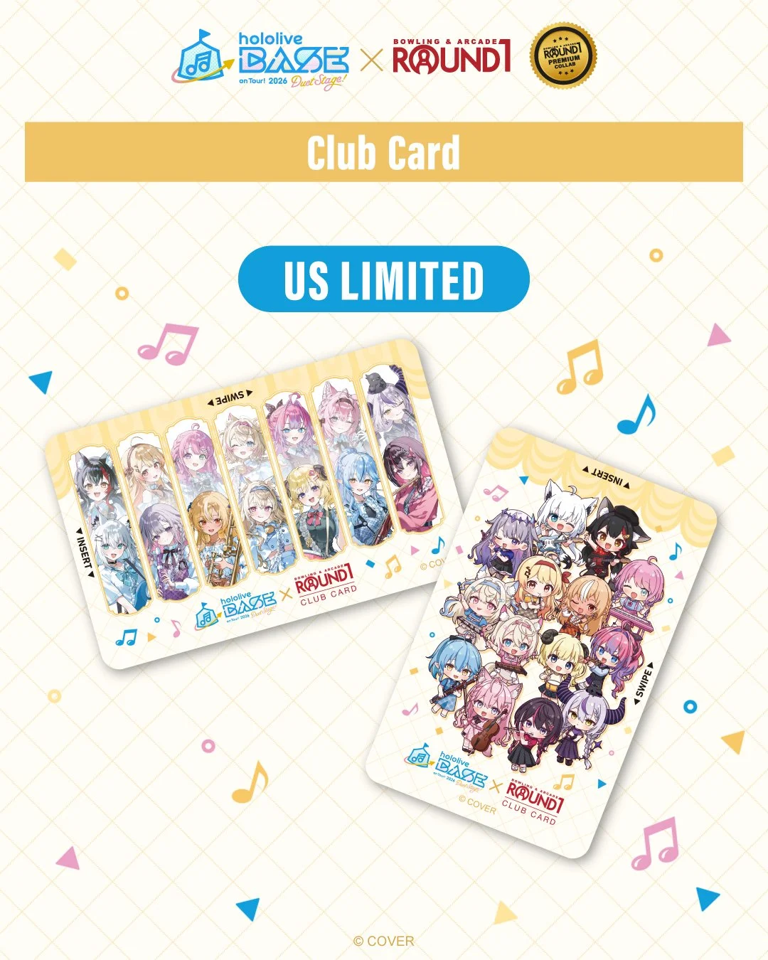 🎮 US LIMITED &mdash; the holoBASE Round1 Club Card!

Special Round1 Club Cards with original holoBASE designs, from the hololive BASE on Tour! 2026 Duet Stage! &times; Round1 USA collab.

There are two designs &mdash; one full-body, one chibi &mdash