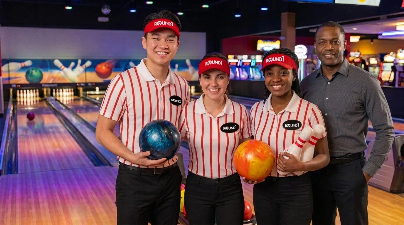 Four smiling people holding bowling balls and pins inside a bowling alley.