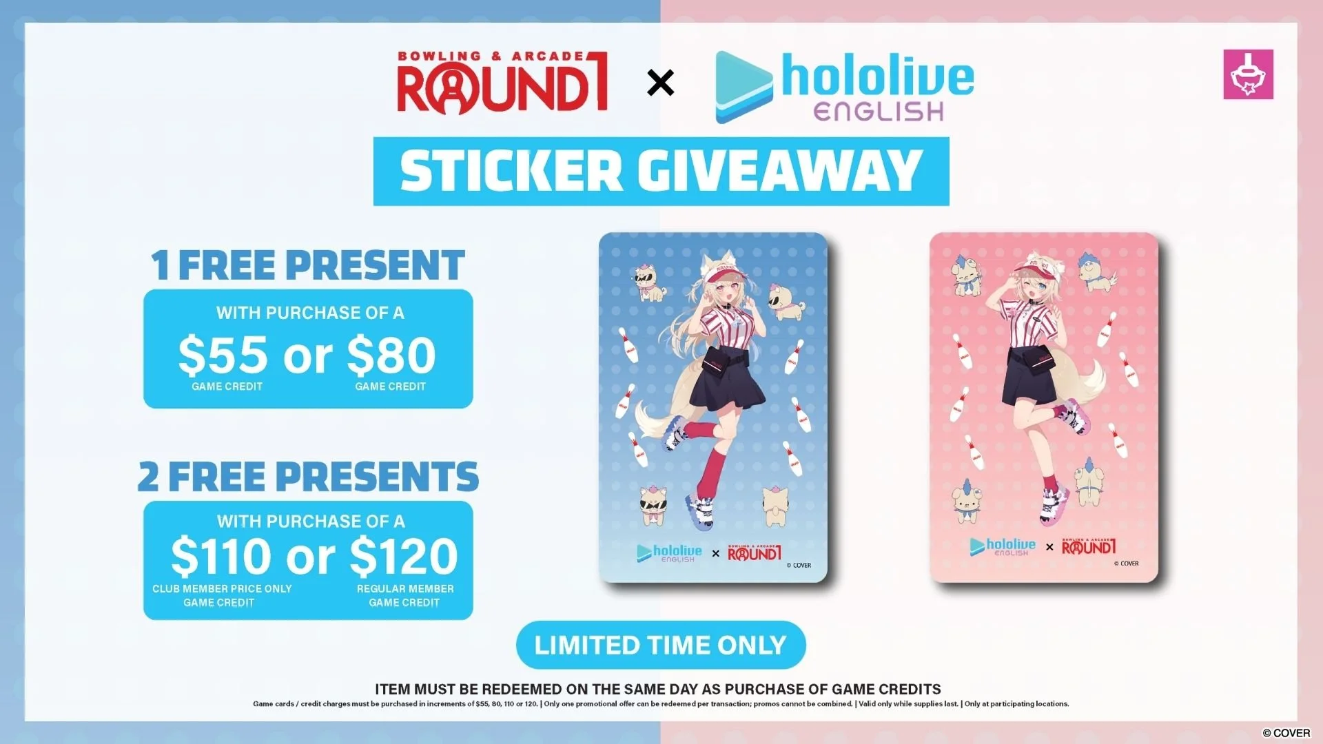 hololive English x Round1 FUWAMOCO ambassador limited item, Fuwawa and Mococo sticker in blue and pink, free giveaway with purchase of game credits, 1 sticker for $55 or $80, 2 stickers for $120 or $110 (Club Member),