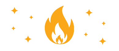 A yellow and white flame illustration surrounded by sparkles against a white background.
