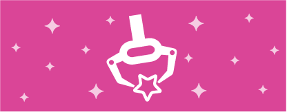 A pink box with a white arcade game claw and small white stars.
