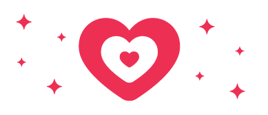 A nested pink and white heart illustration surrounded by pink sparkles against a white background.