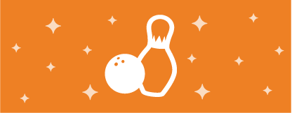 A orange box with white stars. In the middle, there is a bowling ball and pin.