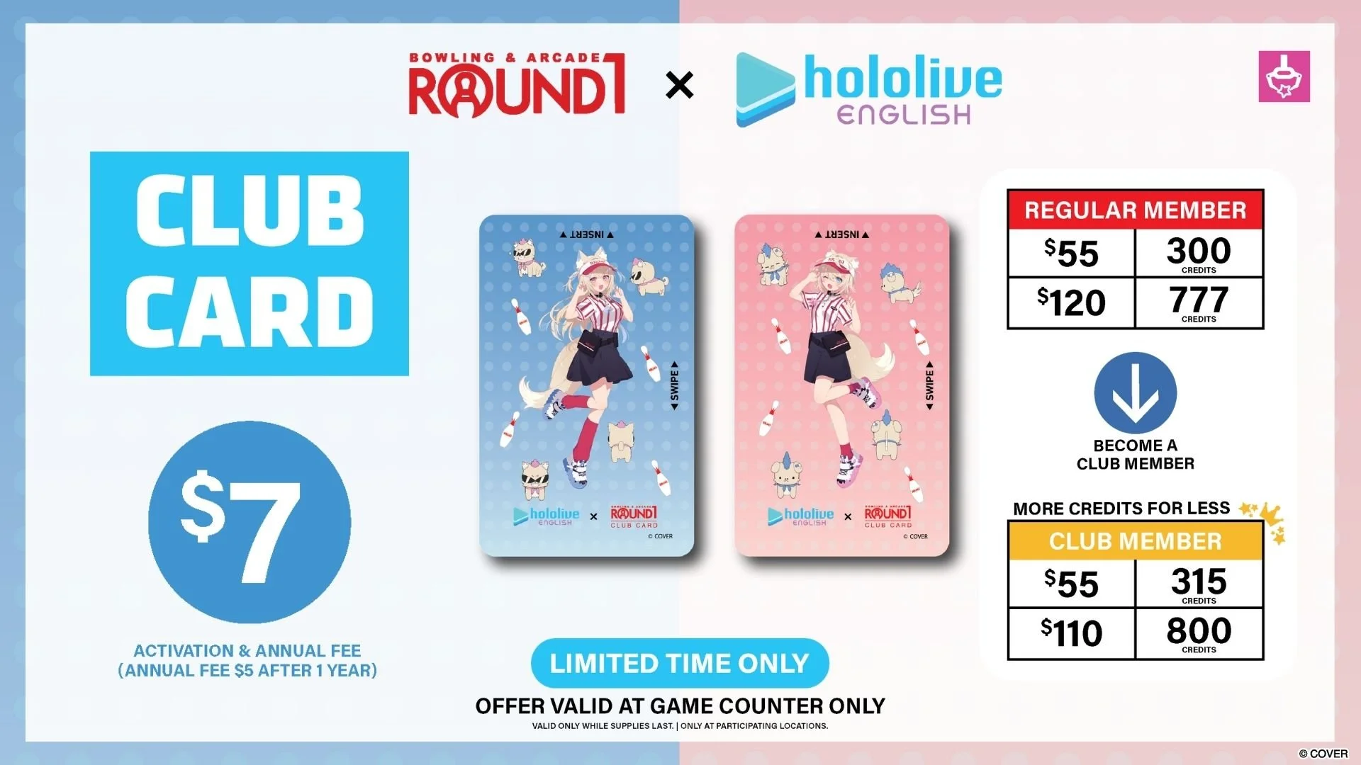hololive English x Round1 FUWAMOCO Special club game card, $7 each including activation and 1st year annual fee, available only at Round1 game counter