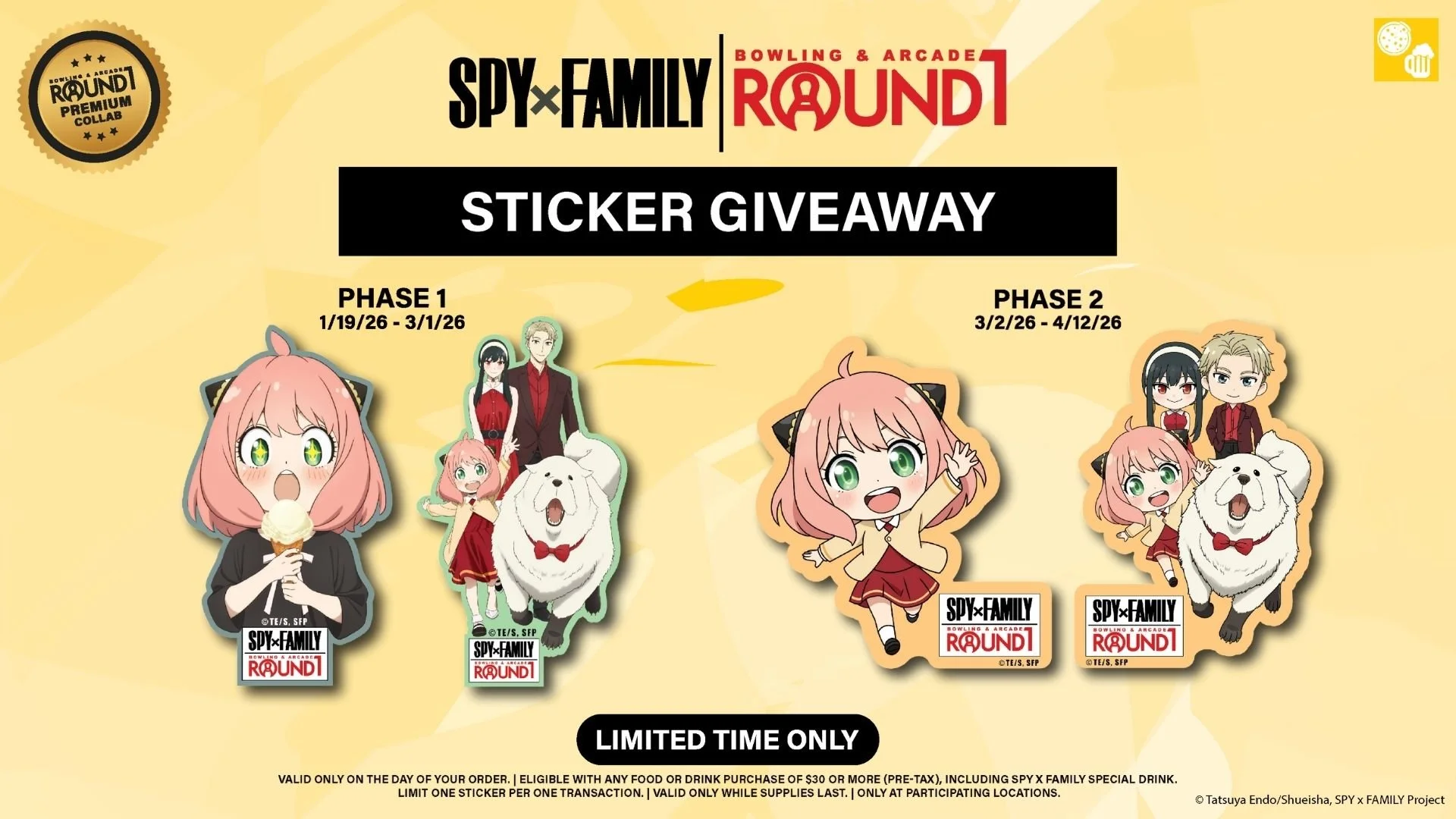 spy x family round1 collab sticker giveaway, one sticker when you purchase $30 and more pre tax at food counter including spy x family special drink, anya, yoru, loyd, bond