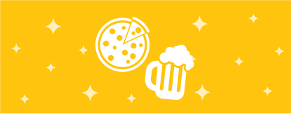 A yellow box with a white pizza slice, a white drink cup, and small white stars.