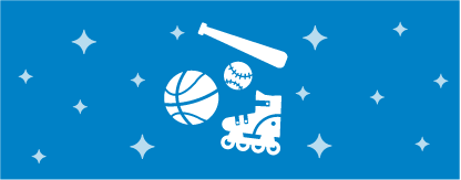A blue box with a white baseball bat, a white basketball, a white roller skate, and small white stars.