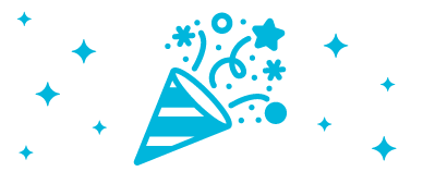 A blue party popper illustration surrounded by sparkles and confetti against a white background.