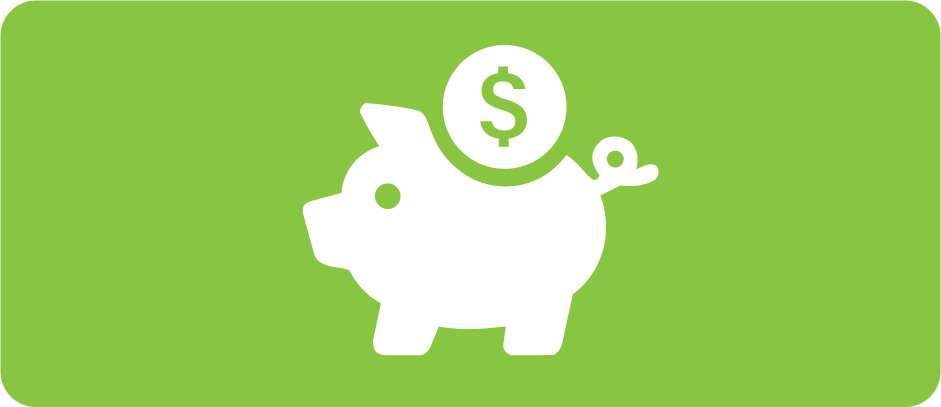 Green box with a white piggy bank and dollar sign icon