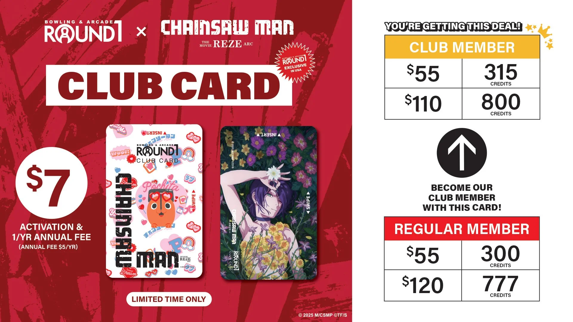 Chainsaw Man The Movie REZE arc special club game cards now available, $7 including activation and 1st year annual fee, better deal for game credits, Round1 exclusive