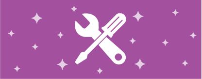 A purple box with white stars. In the middle, there is a white wrench and a white screwdriver crossing each other.