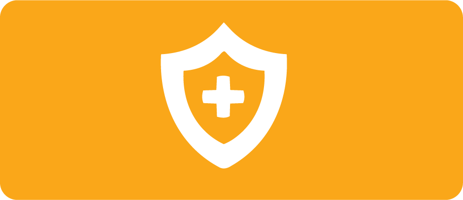 An orange rectangle with a white shield and plus icon.