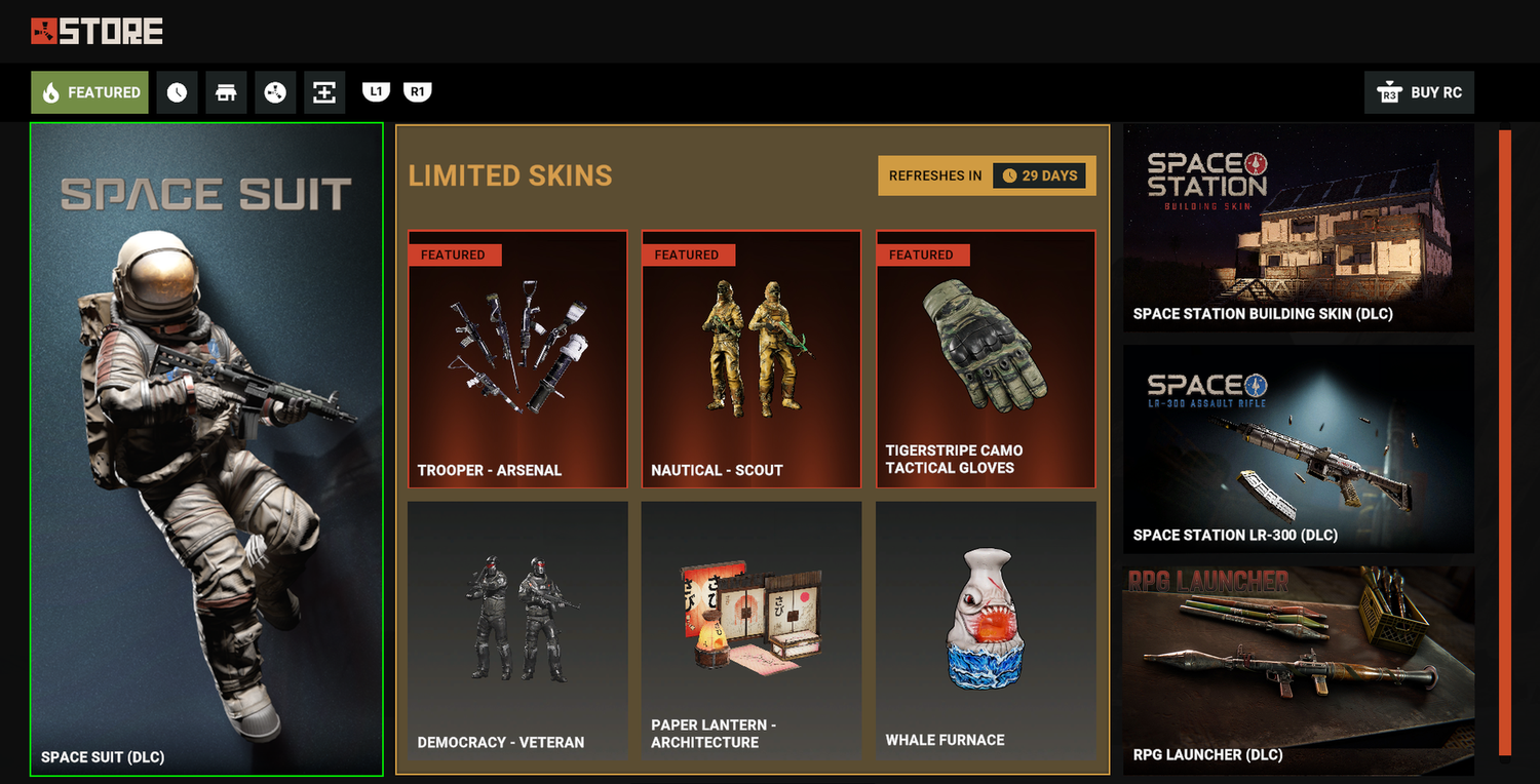 Updated in-game skin store in Rust Console Edition