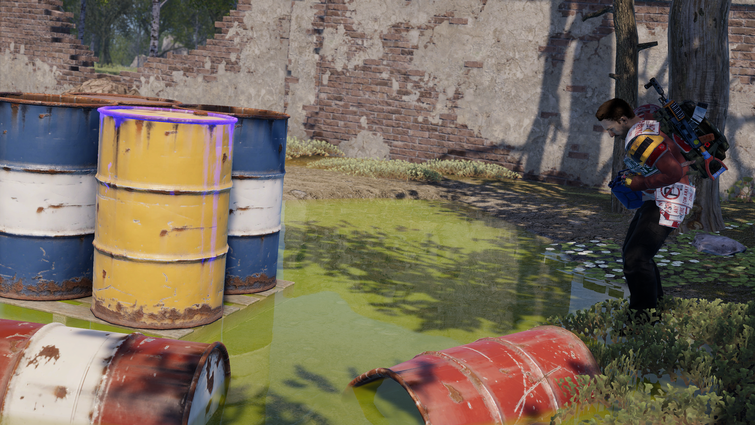 Glowing green radioactive water pools inside Radtown in Rust Console Edition