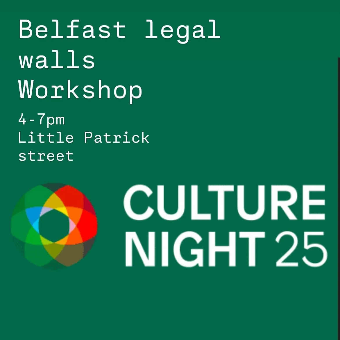 Belfast legal walls workshop 🎨
4 - 7pm on little Patrick street, Belfast
.
Come down and join us for @culturenightbelfast this evening! Learn how to spray paint or just have some fun! 
.
Paint will be supplied with your hosts @hmconstance &amp; @cri
