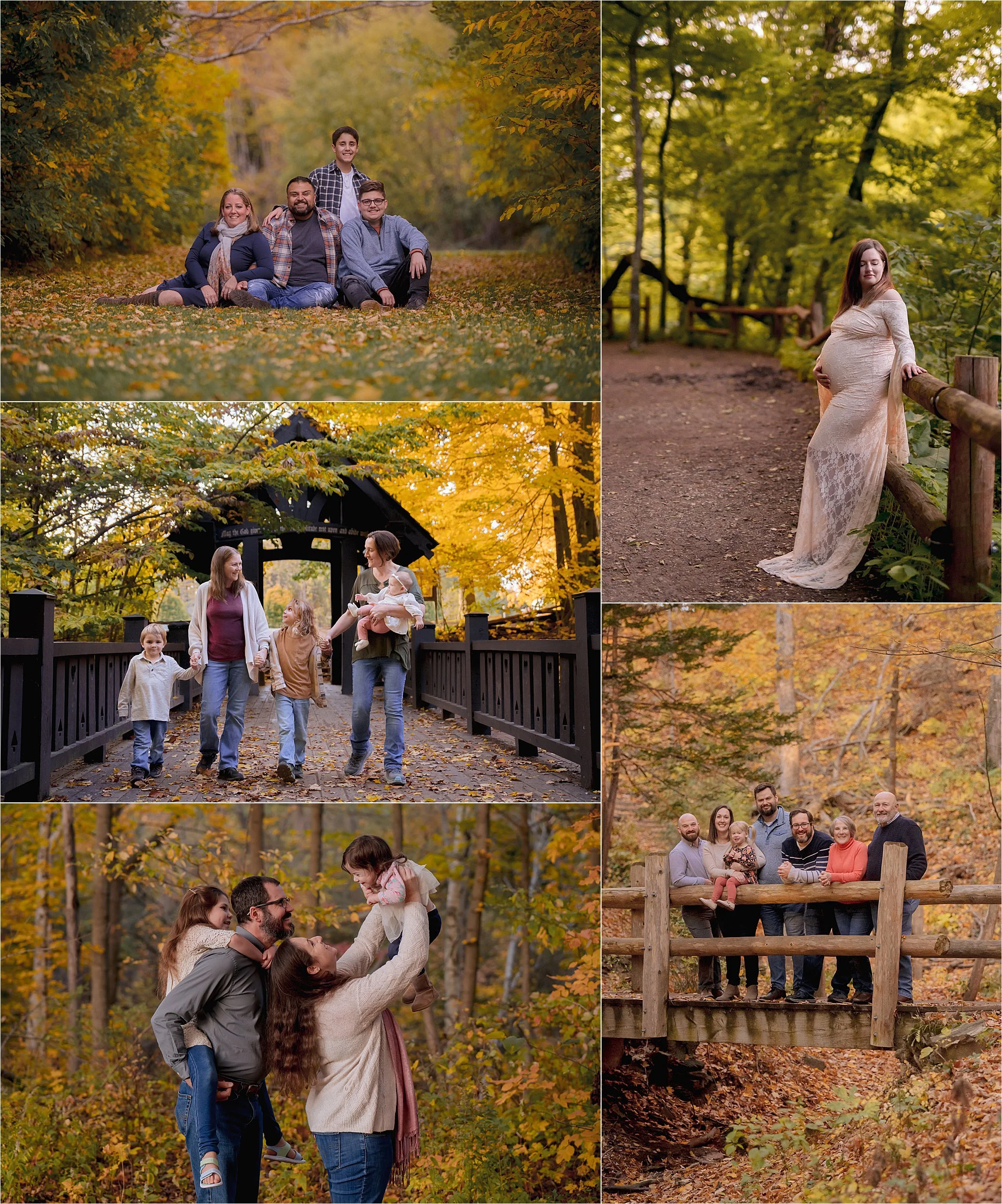 Family exploring wooded trails and bridges during a fall mini session at Seven Bridges in Grant Park Milwaukee