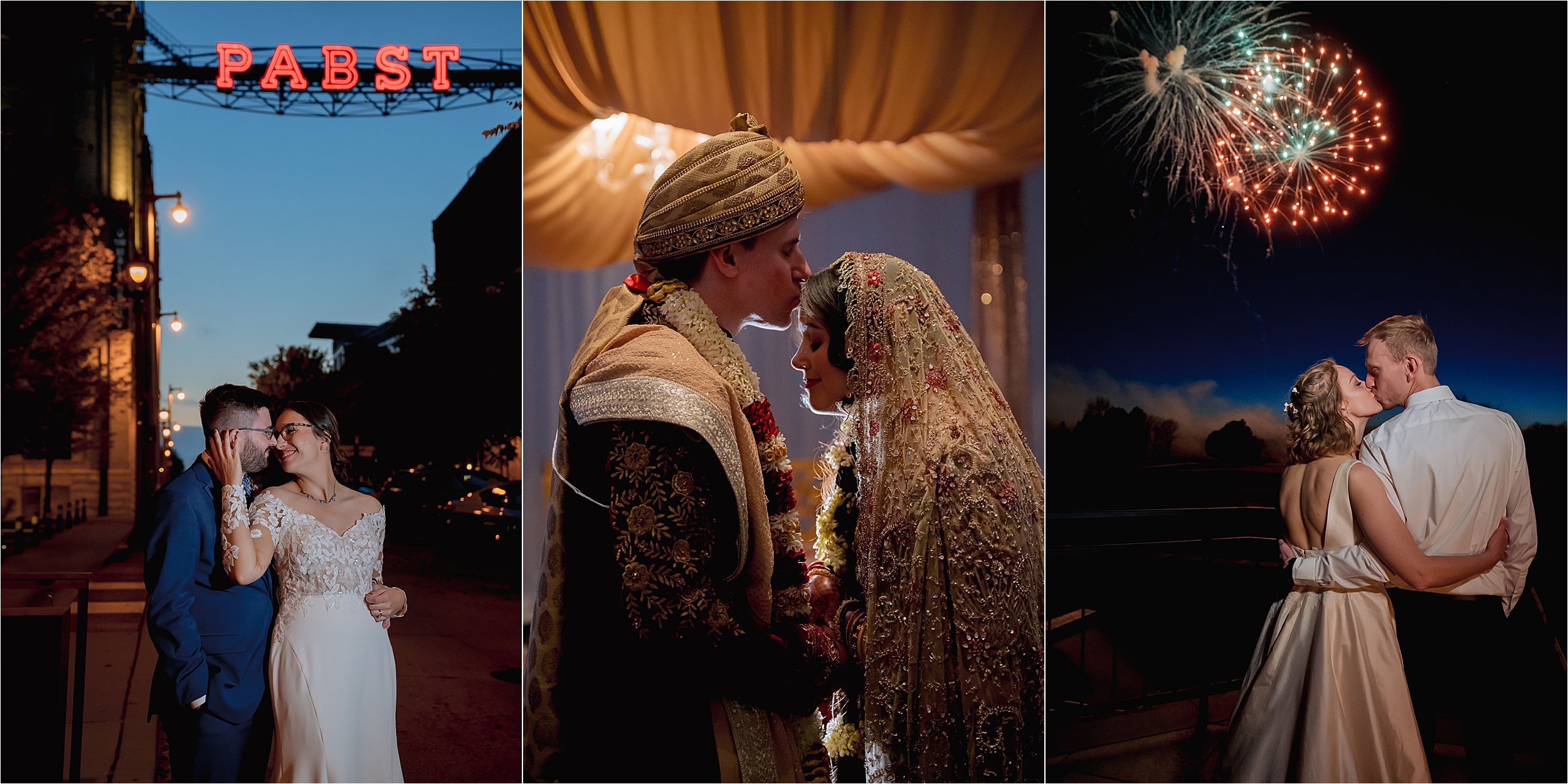 Couple posing at night with city lights during wedding and fireworks