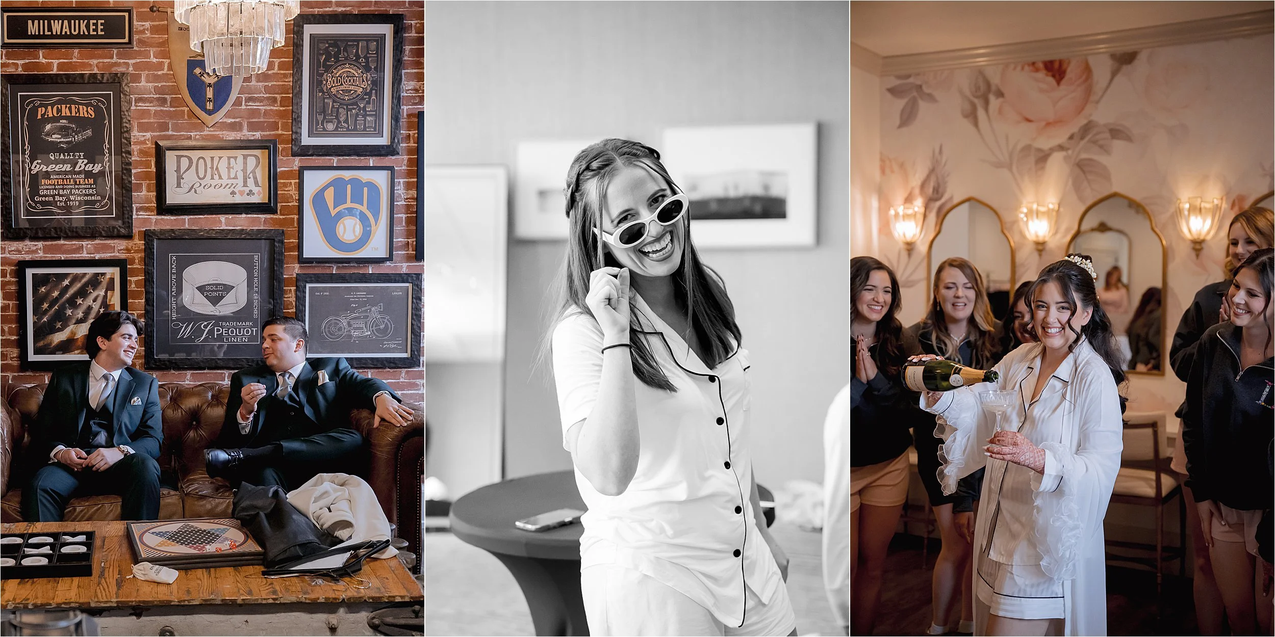 Bride laughing with bridesmaids during getting ready toasts