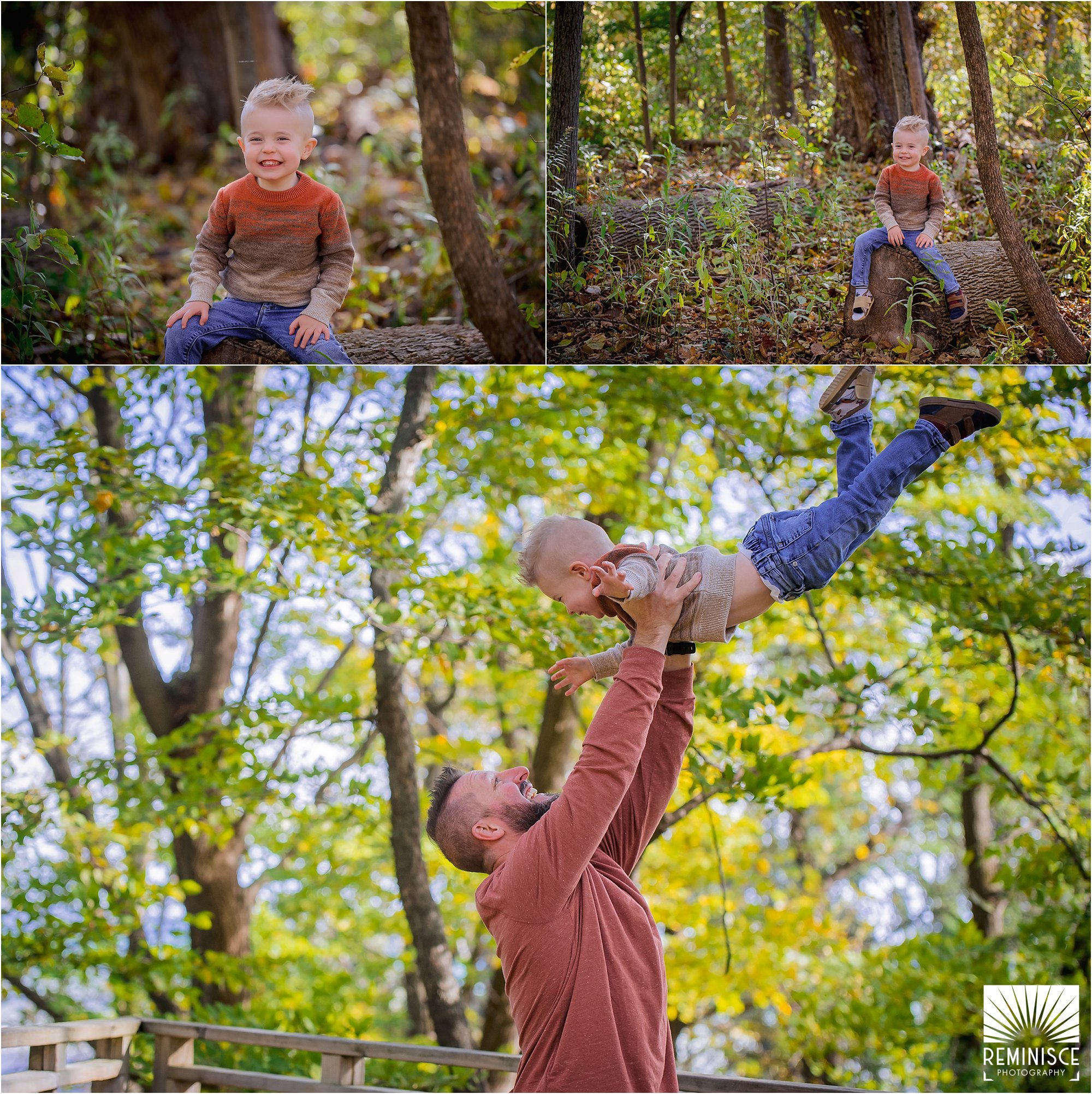 05-third-birthday-portraits-fall-photos-schlitz-audubon-nature-center-airplane-father-lifting-son-sitting-on-log.jpg