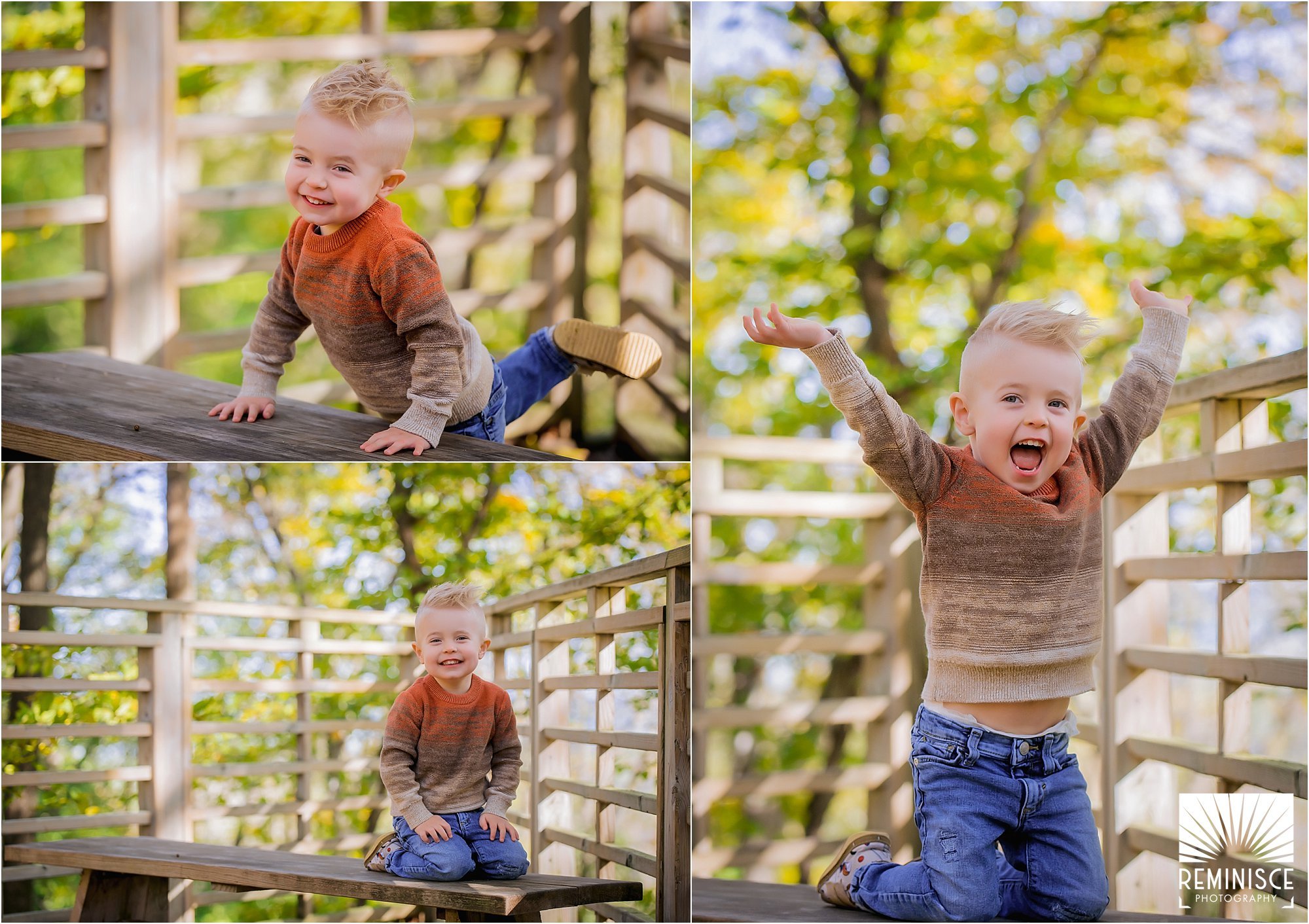 06-third-birthday-portraits-fall-photos-schlitz-audubon-nature-center-excited-boy-sitting-on-bench.jpg