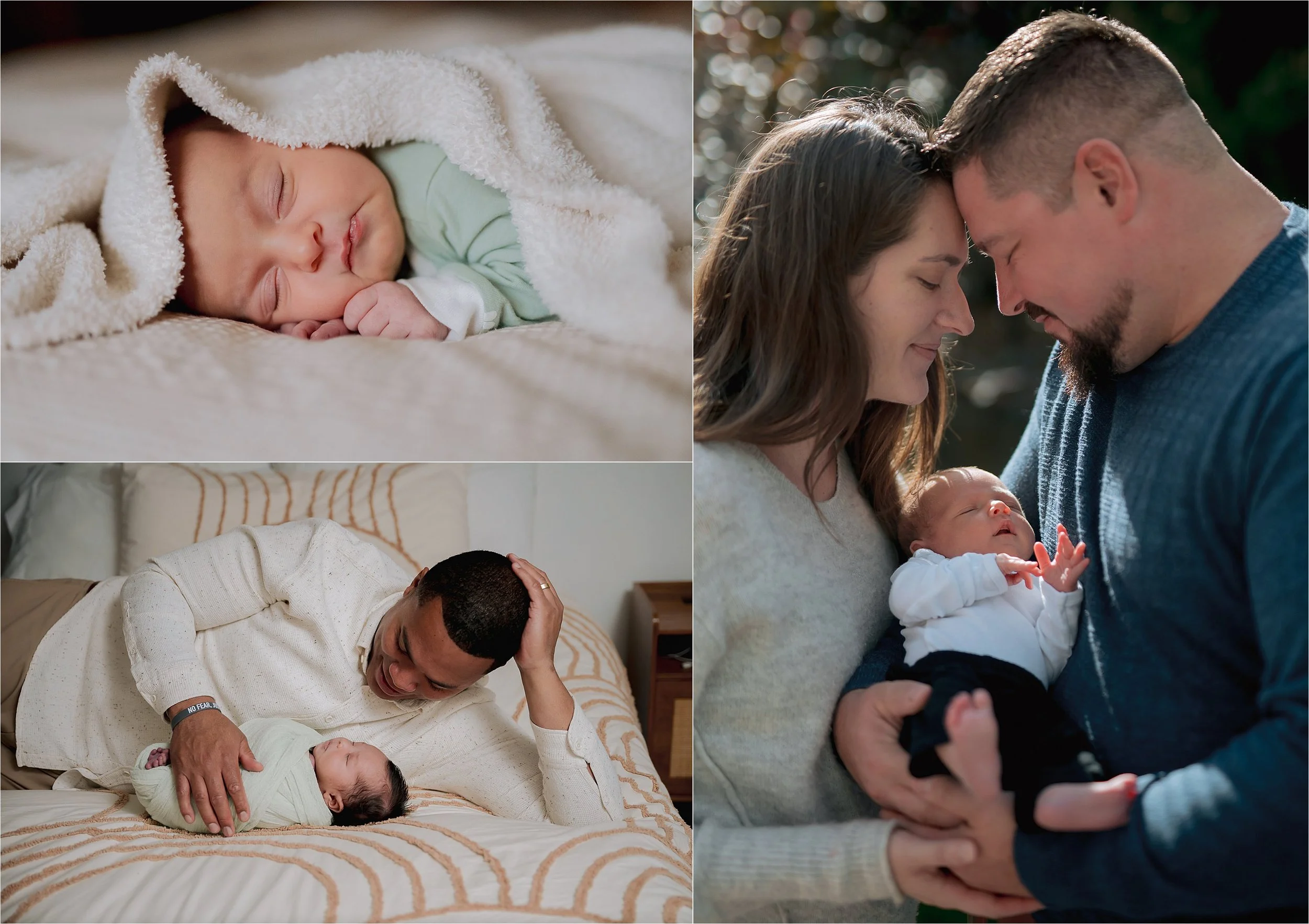 Parents holding their newborn and sharing a quiet moment together during a natural lifestyle newborn session