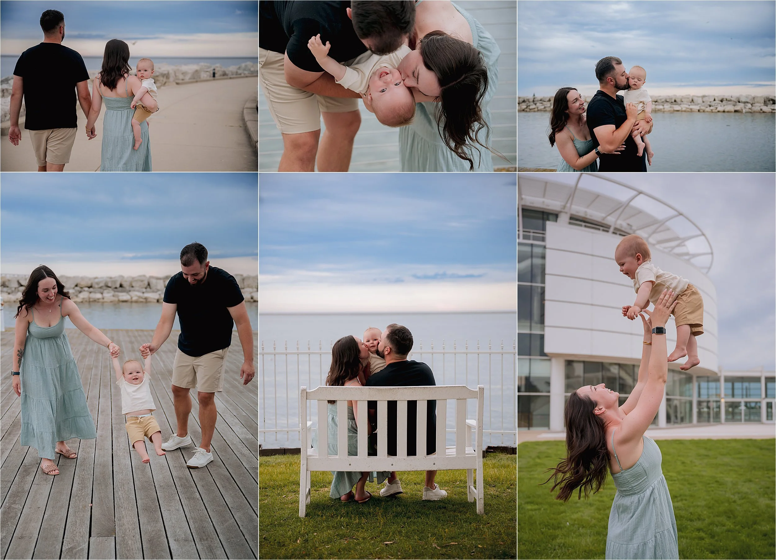 Family mini session at Discovery World in Milwaukee with lakefront views, modern architecture, and wooden dock