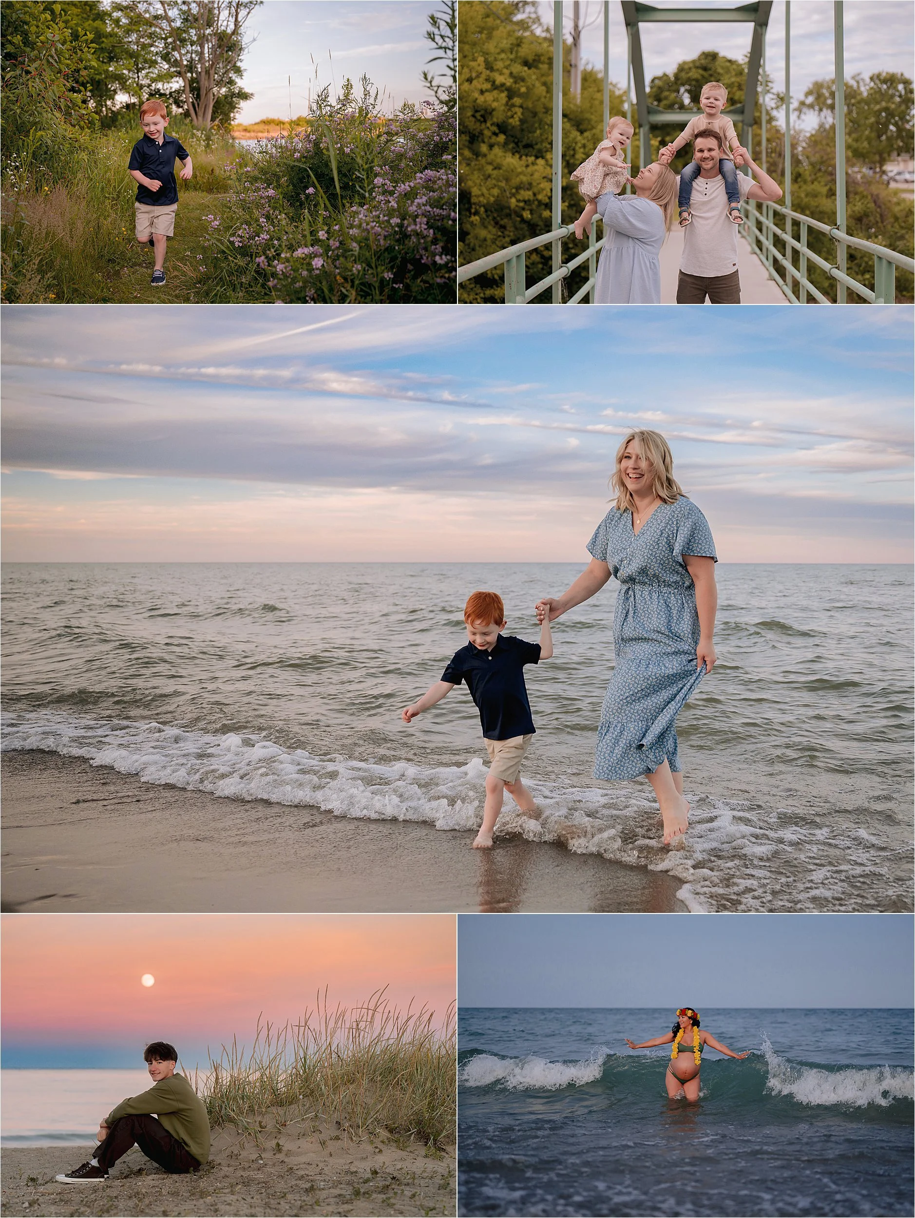 Family walking along the sandy beach at Grant Park in Milwaukee with Lake Michigan, prairie and pedestrian bridge