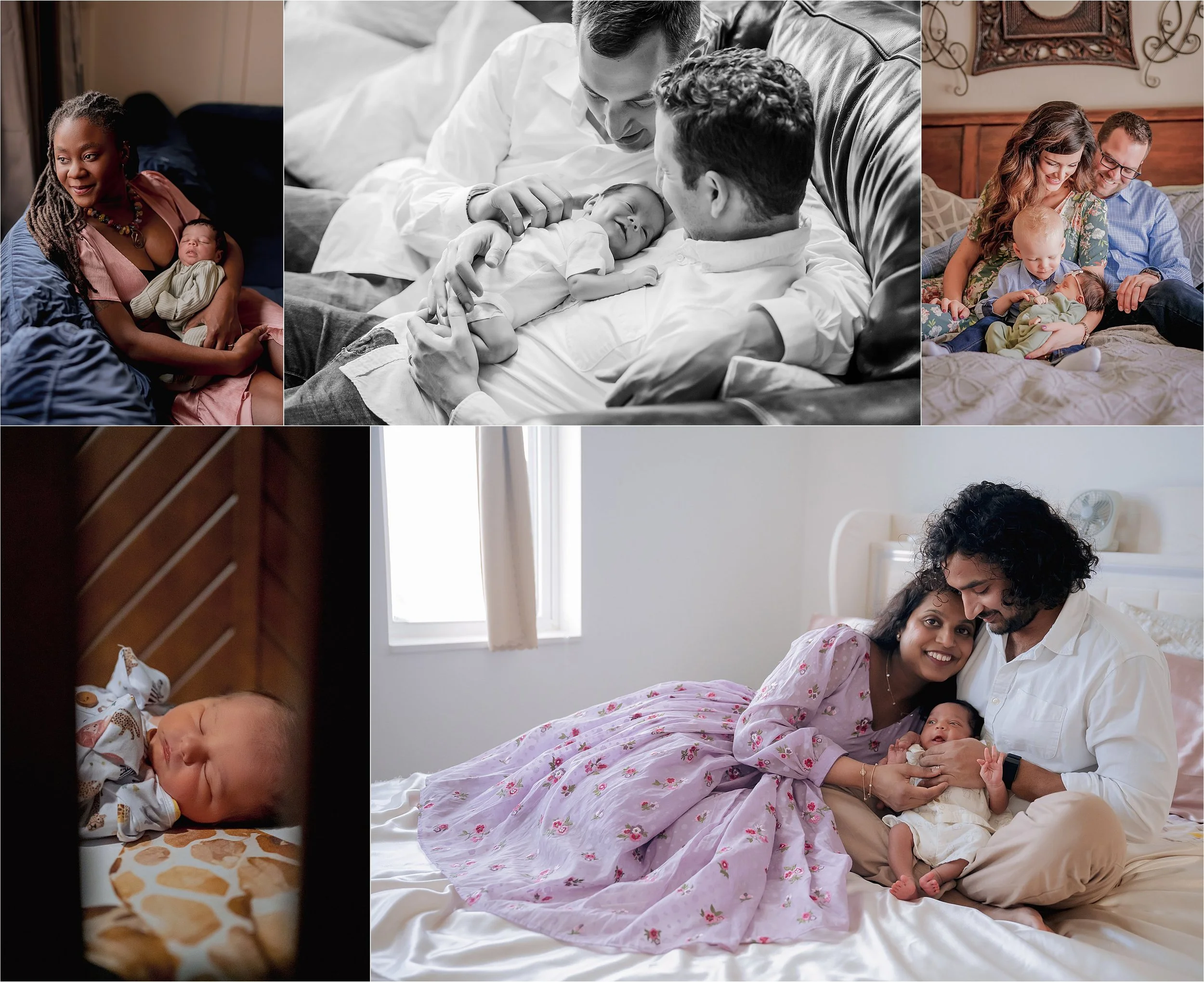 In-home newborn photography session with parents and baby relaxing together on a bed in natural light