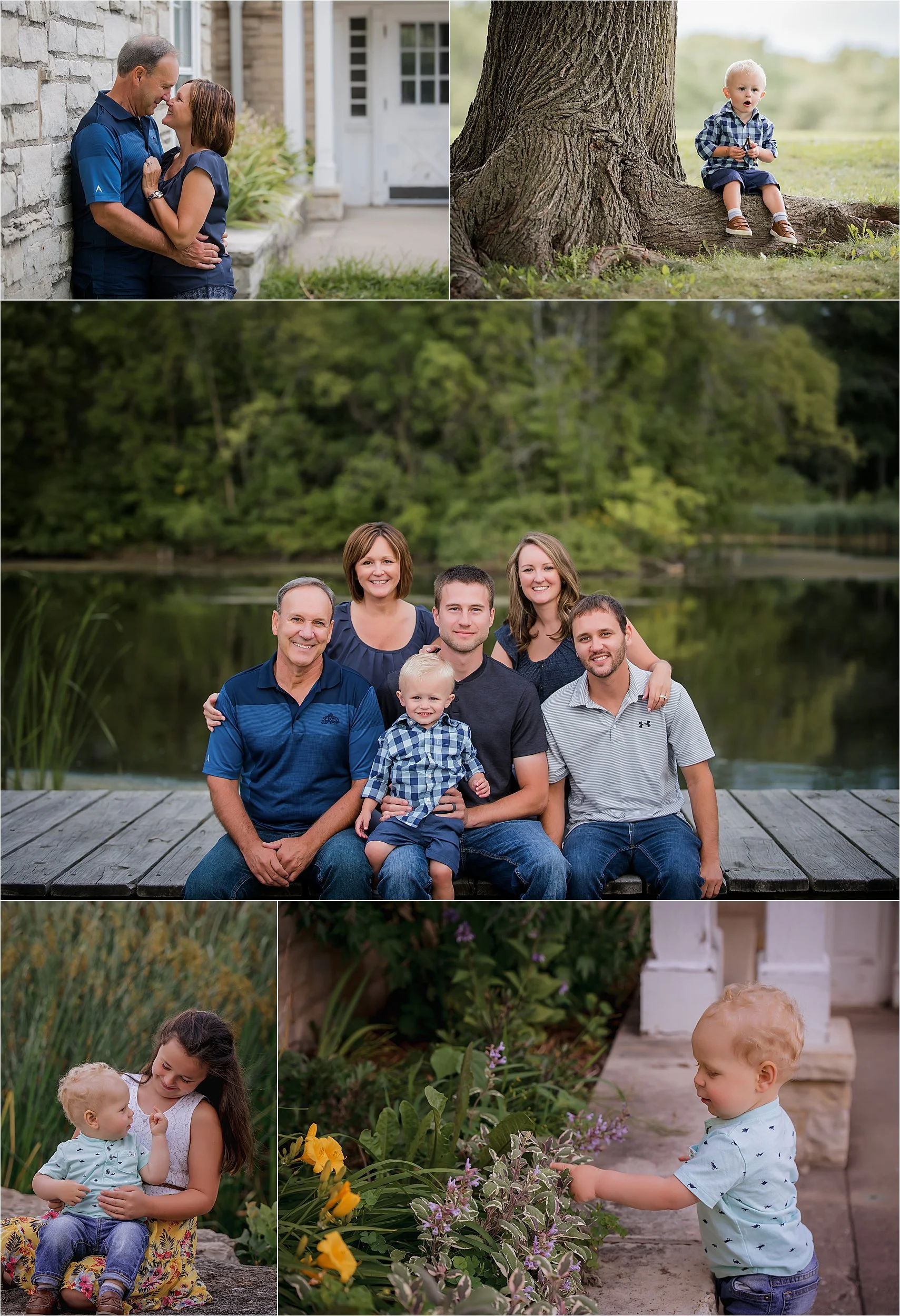 Family portraits at Humboldt Park in Milwaukee with pond, boardwalk platform, and historic stone building