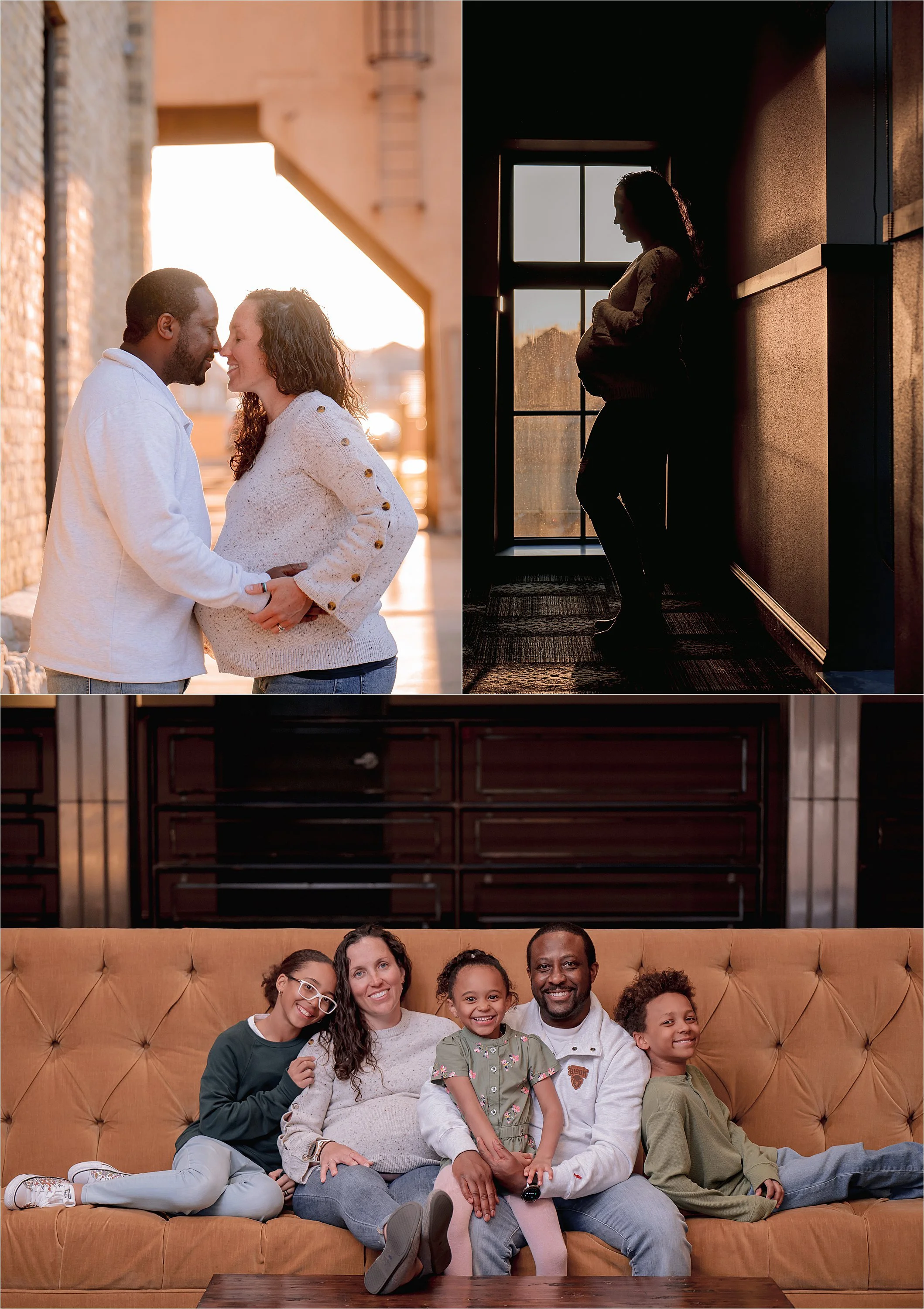 Indoor maternity session with soft window light silhouette and cozy family setting