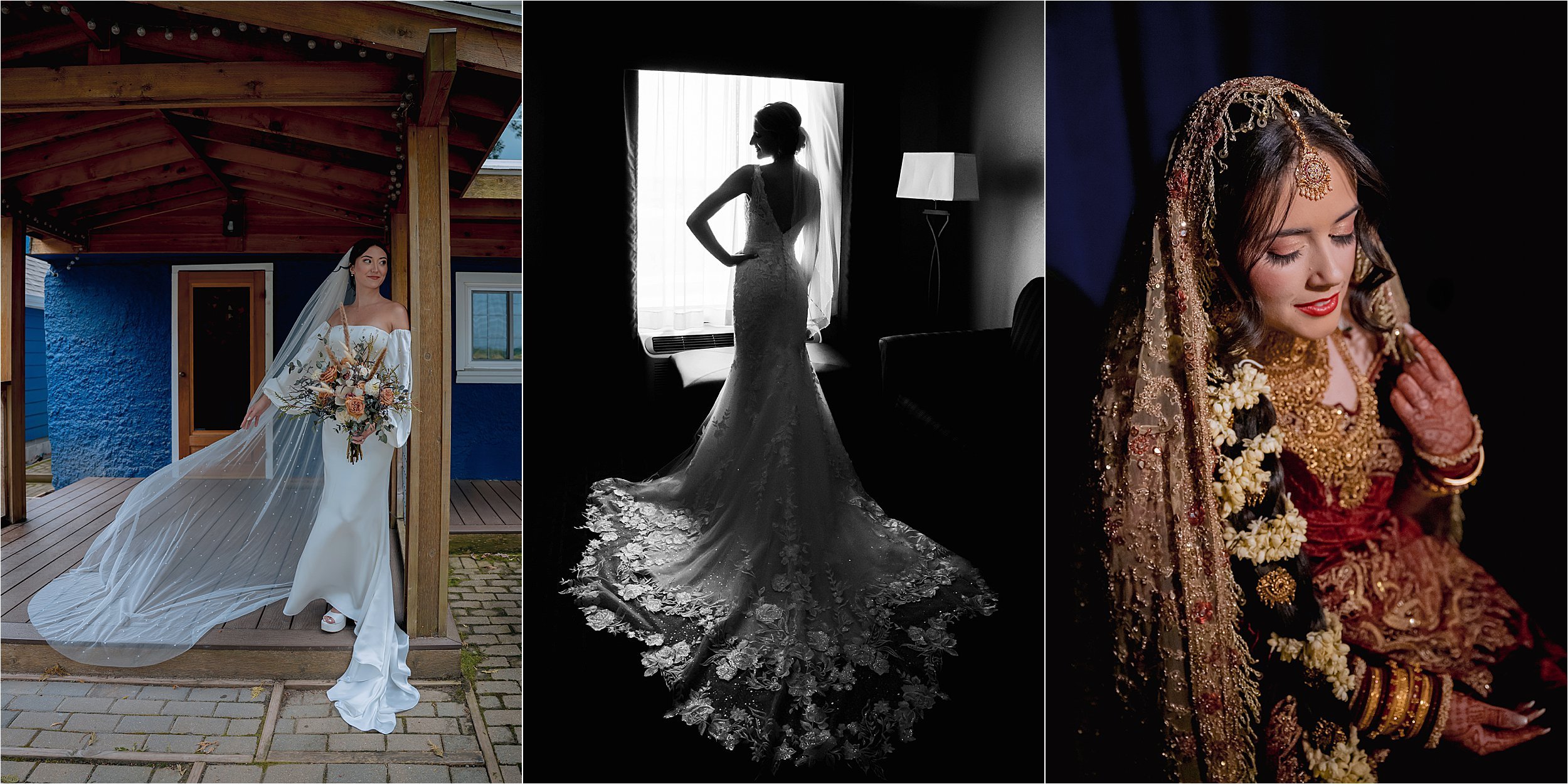 Bride standing near window in wedding dress before ceremony in Wisconsin and Hindu wedding portrait with henna