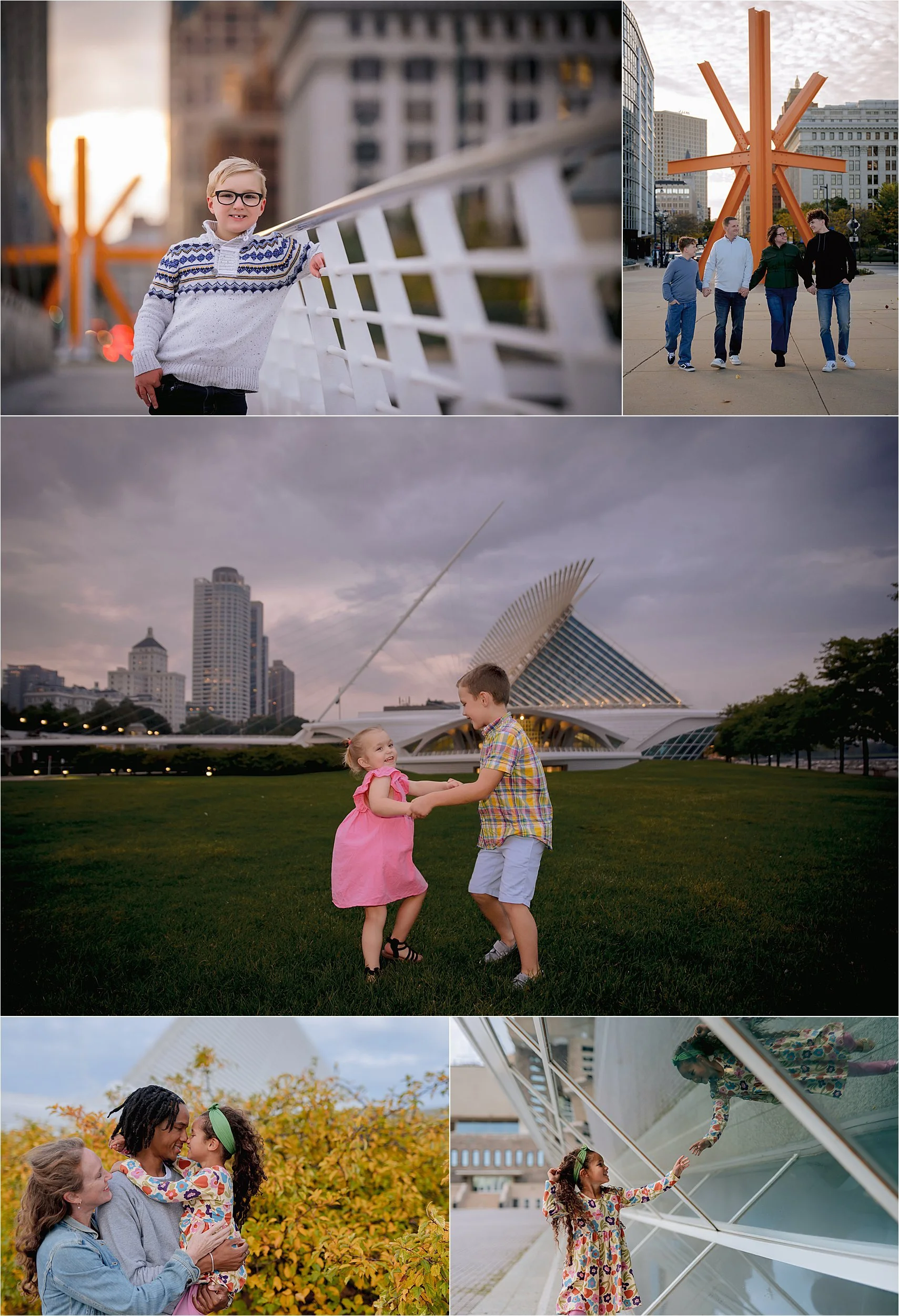 Family photos at the Milwaukee Art Museum with iconic architecture, pedestrian bridge, and lakefront skyline