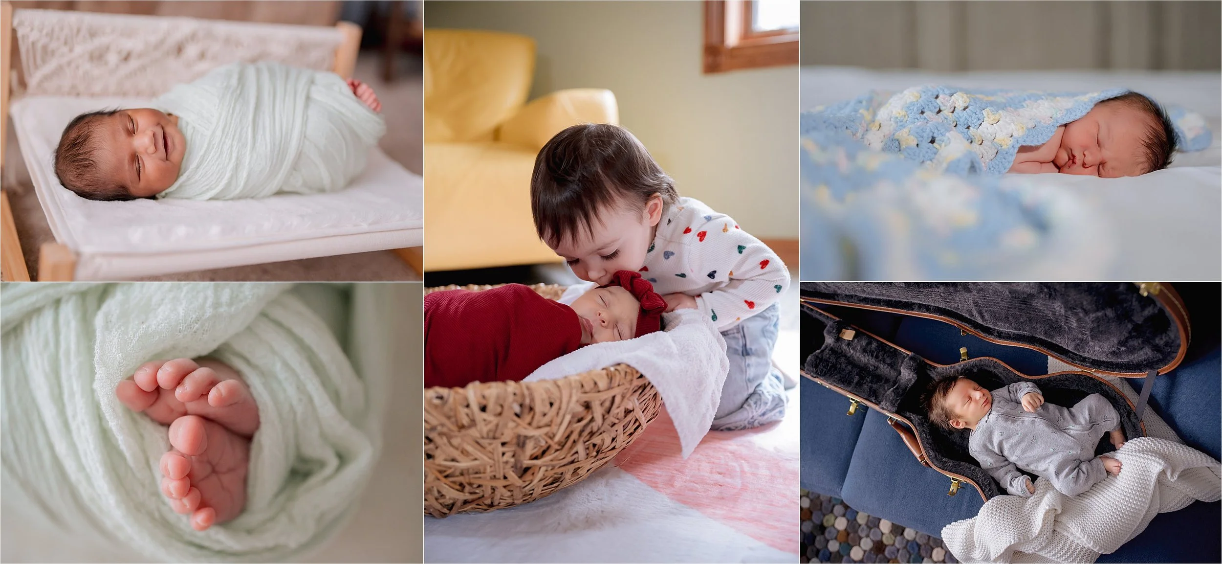 Newborn photography setup with basket, wrap, and soft textures used during a newborn session