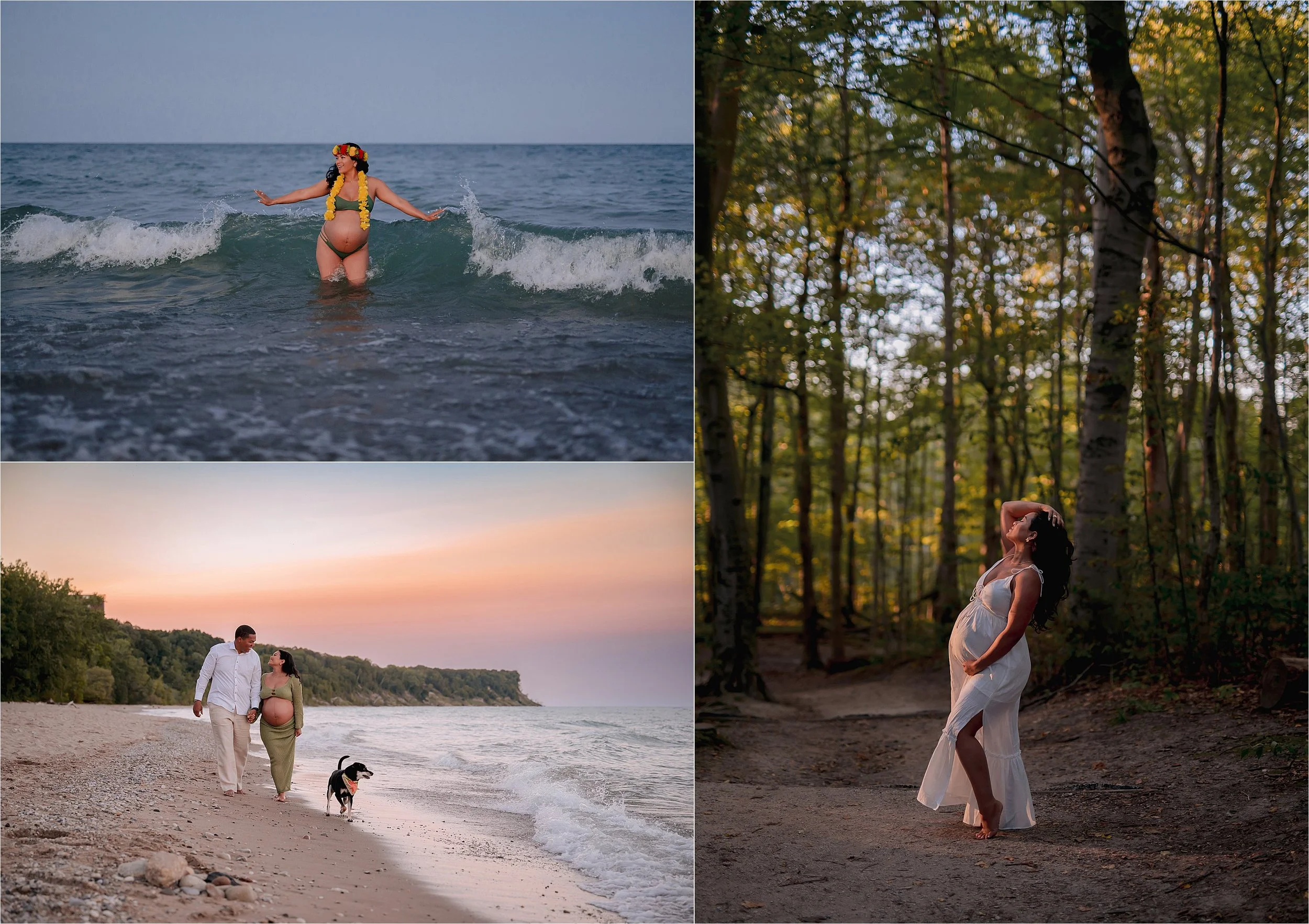 Outdoor maternity session on wooded trail with soft natural light in Milwaukee and pregnant mother in lake michigan with hula dancing and dog