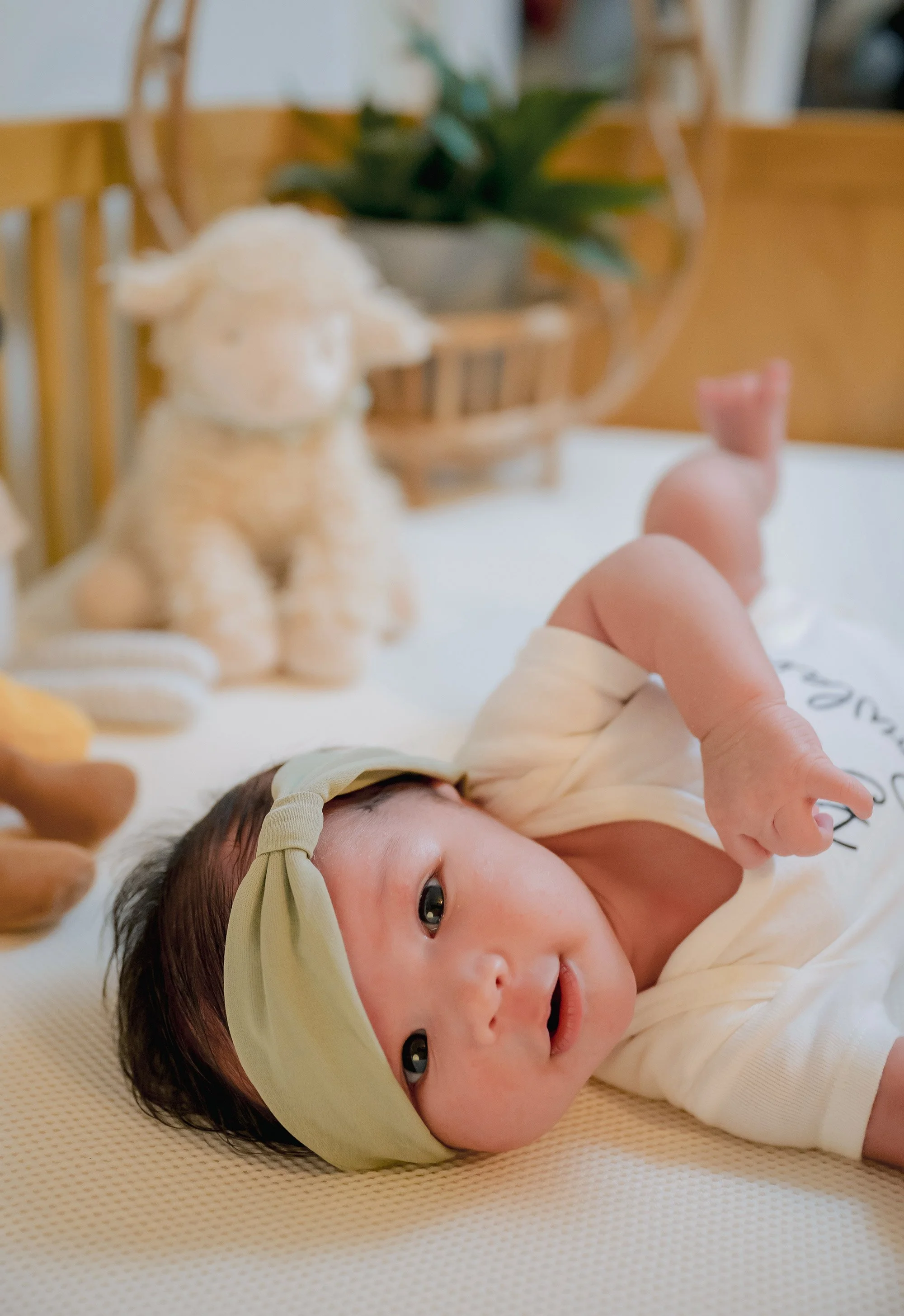 Wide-eyed newborn wearing a soft headband during a natural light studio newborn photography session in Milwaukee in crib