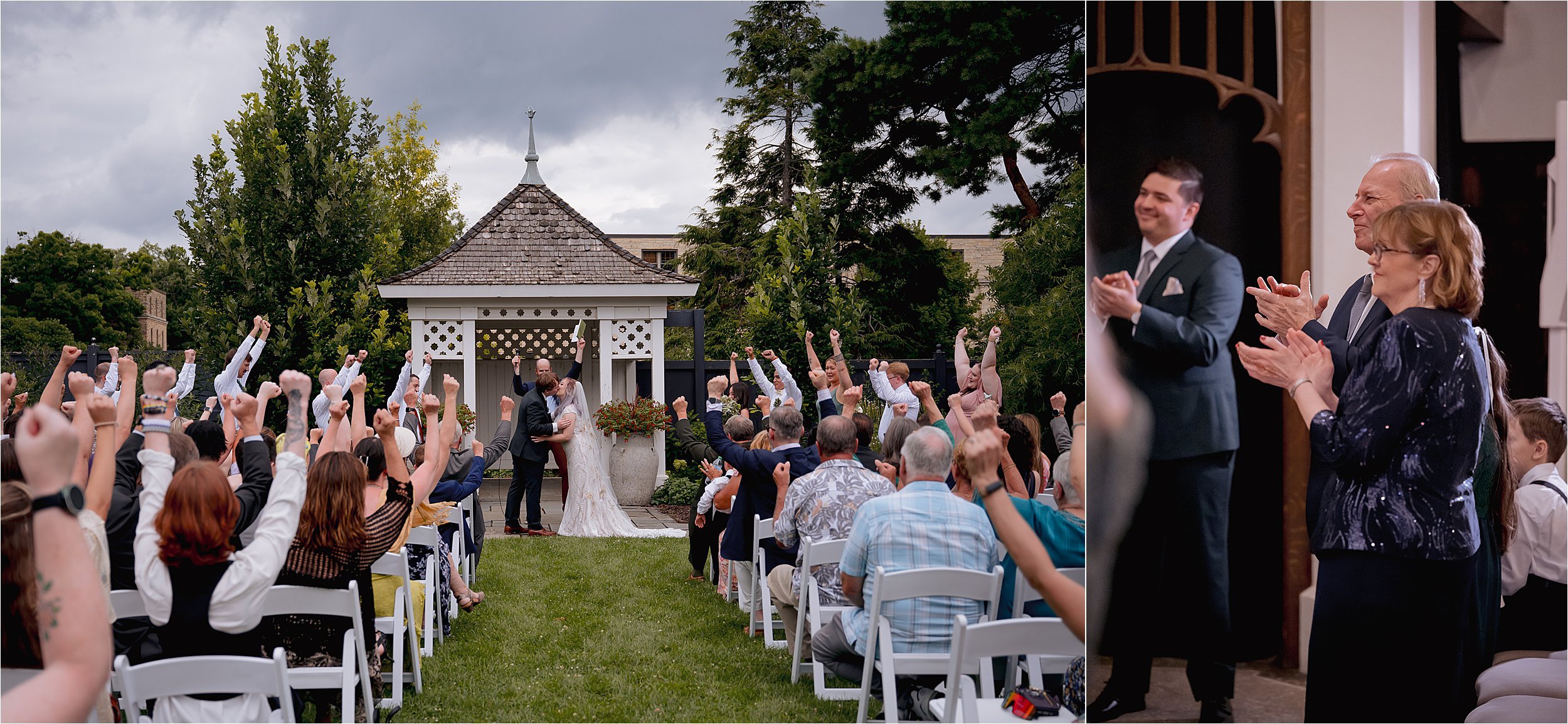 Wedding guests watching couple during ceremony